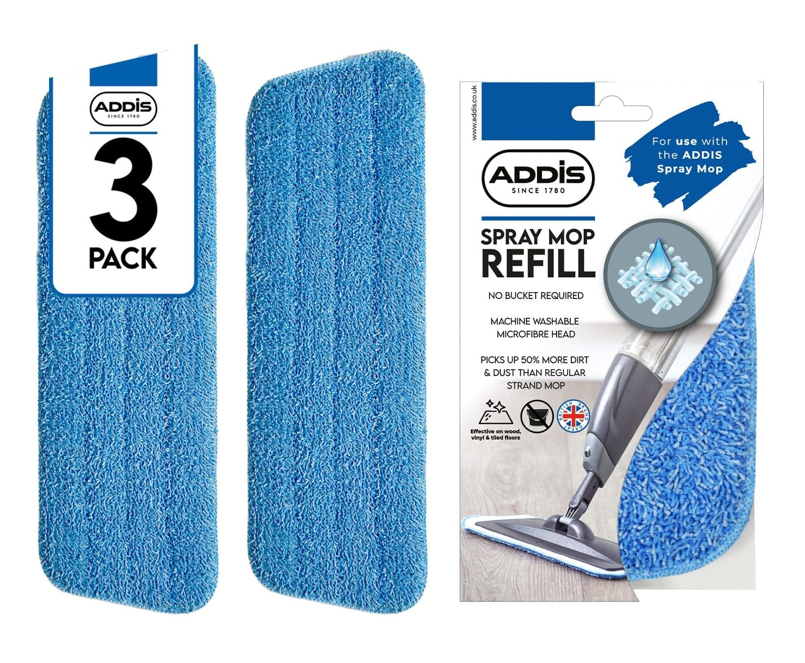 Addis Replacement Heads Pads, Blue, Spray Mop Refill Pack of 3, 41 x 14cm