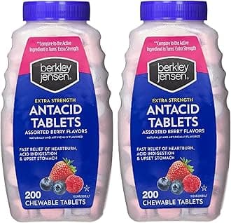 berkley jensen Extra Strength Antacid Tablets Chewable - 750mg Calcium Carbonate Antacids for Heartburn, Acid Indigestion, Upset Stomach Relief - Assorted Berry Flavor - 200 Count (Pack of 2)