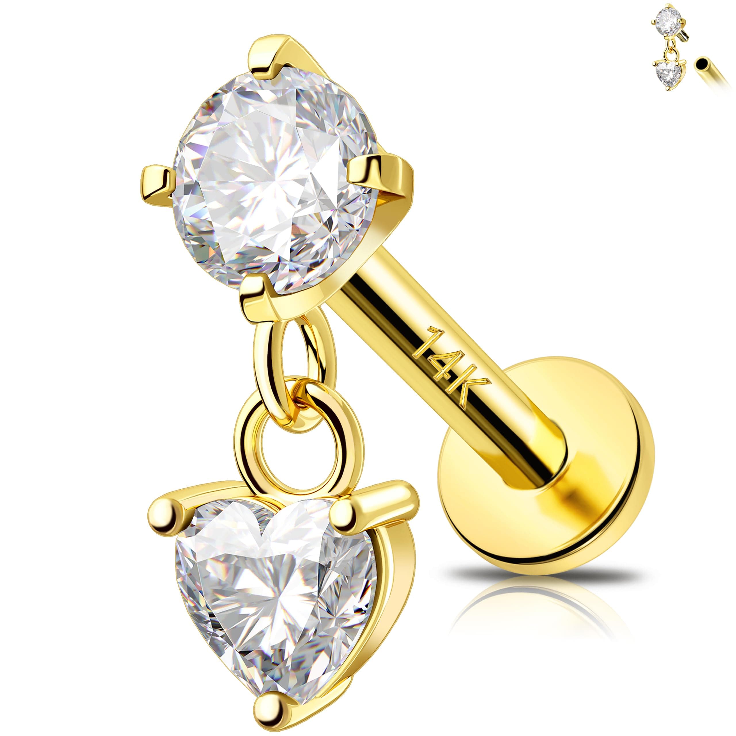 MeIighting 14K Solid Gold Helix Earring Clear CZ, Dangle Internal Thread Flat Back Earring, Teardrop Heart Round Cartilage Tragus Conch Piercing Jewelry for Women 6/8 mm