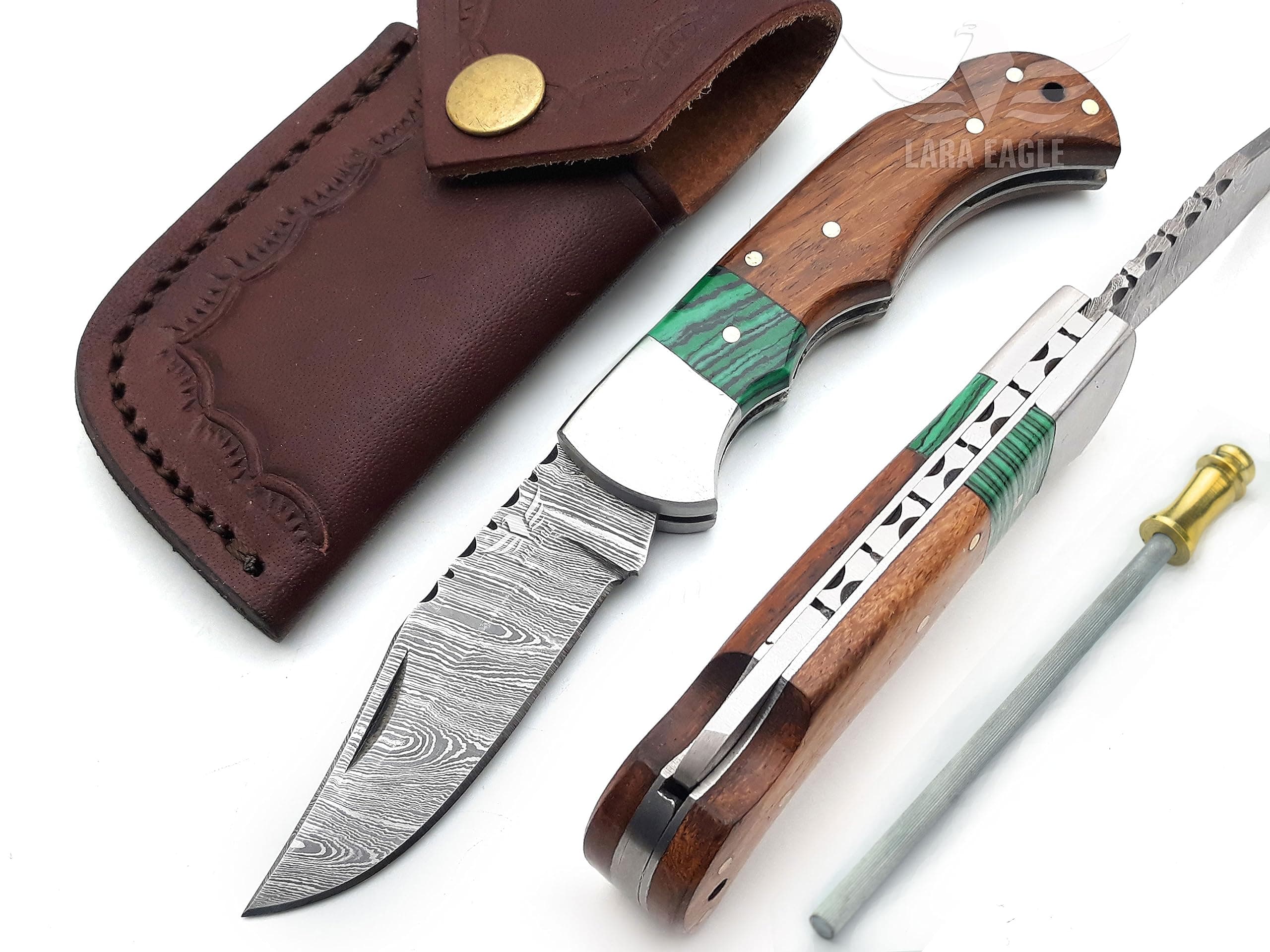 - Damascus Pocket Knife for Men - 133 Layer Solid Steel Handmade Folding Hunting Knives with Sharpner and Leather Pouch - Best Knife for Camping Hunting Hiking - Father’s Day Gifts for Men Husband Dad