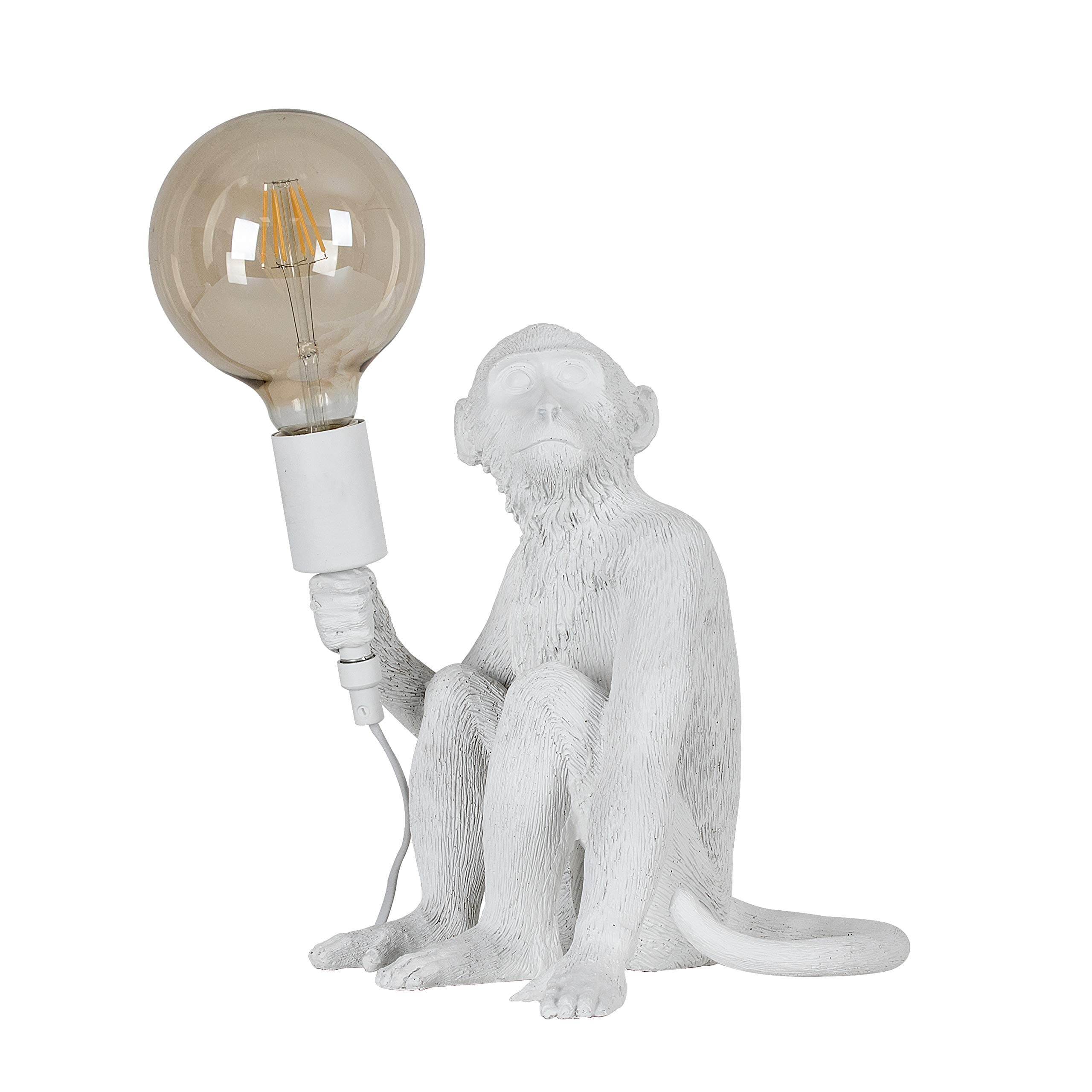 Modern White Painted Monkey Design Table Lamp - Complete with a 6w LED Filament Globe Bulb [2700K Warm White]