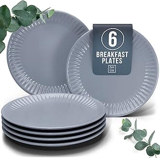 PURE LIVING INTERIOR DESIGN Breakfast and Dessert Plate Set Hygge Series - Stoneware, Stylish Cake Plates, Dishwasher, Microwave, and Scratch Resistant - Small Plates, Salad for 6 - in Grey-Blue