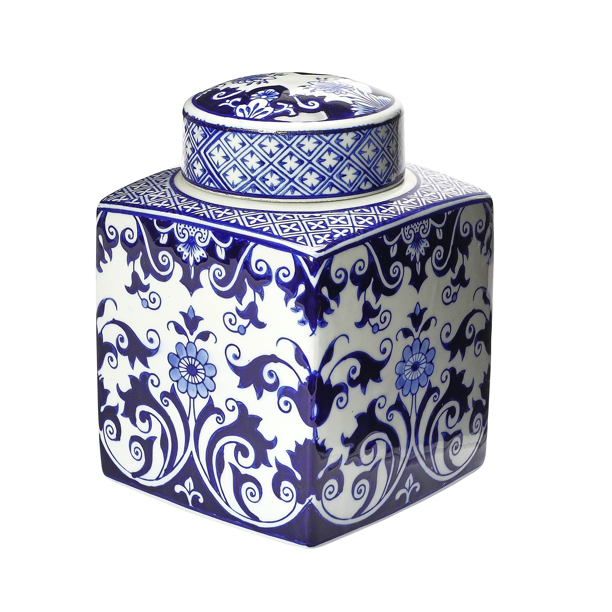 Creative Co-Op Decorative Stoneware, Blue and White Ginger Jar, Floral Pattern