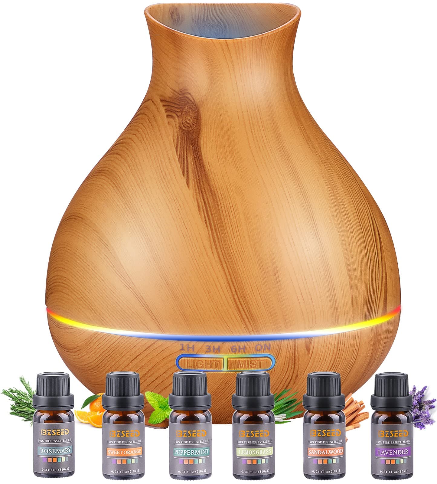 BZseed Essential Oils Diffuser Set, 550ml Aroma Ultrasonic Diffuser & 6 Essential Oils, Cool Mist Humidifier with 4 Timer and 7 Color Light Settings, Waterless Auto-Off High Output for Home Bedroom