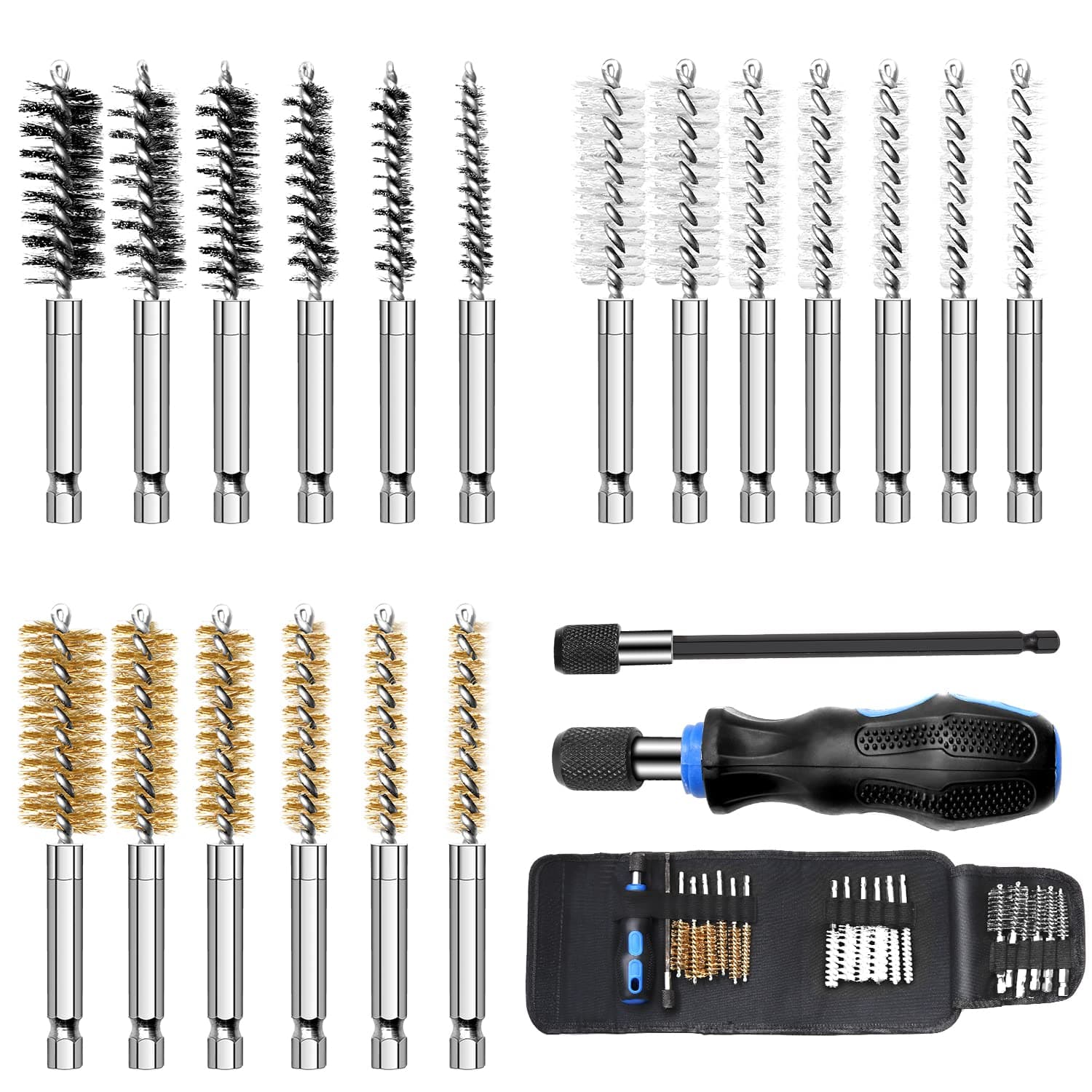 Auto Wire Brush 12-Pack Bore Brush Set Variety of Size Stainless Steel, Brass, Nylon Twisted for Cleaning Rust, 1/4in Hex Drill Shank for Power Drill Impact Driver with Handle, Extension Bar, Tool Bag