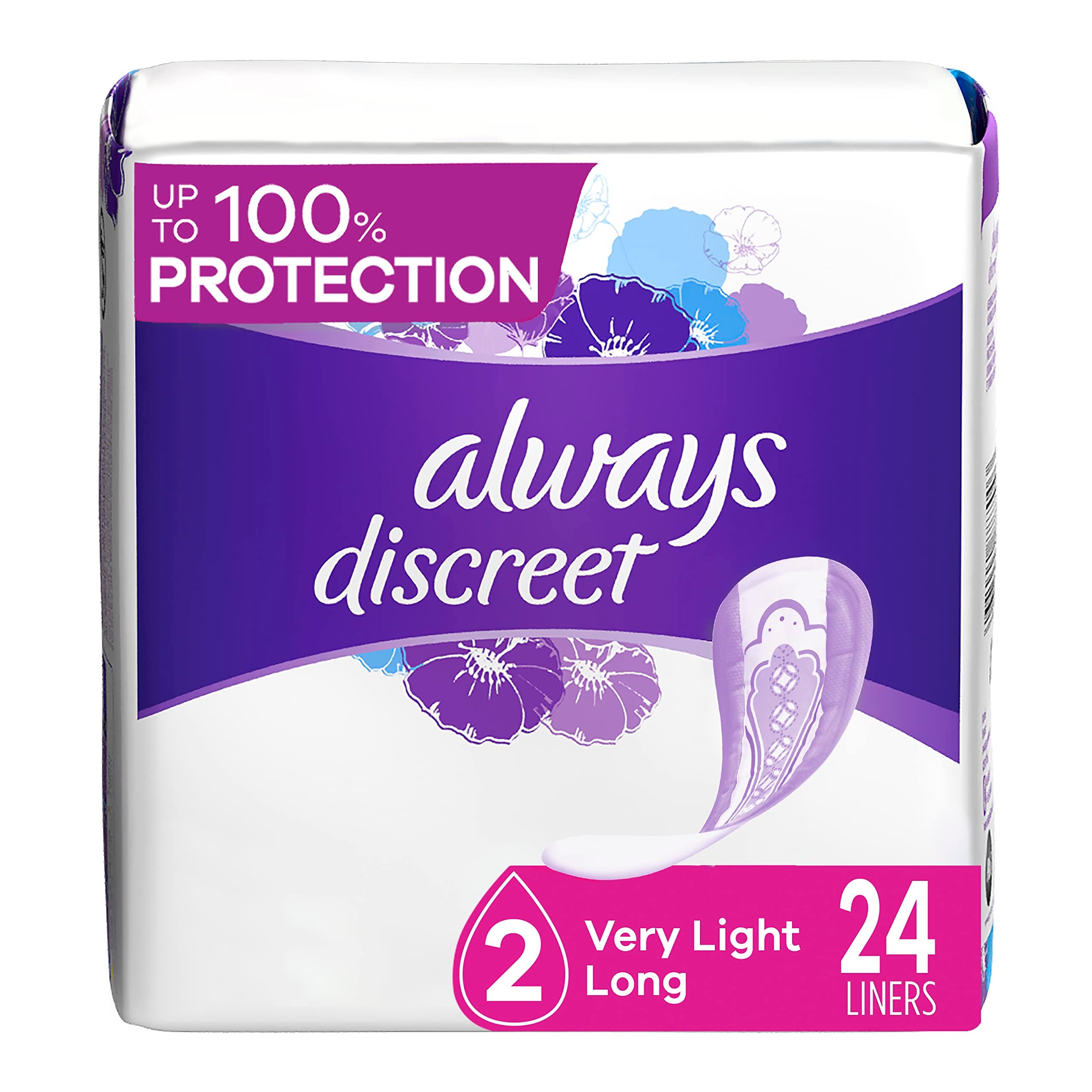 Always Discreet Incontinence Liners, Very Light, Long Length, 24 Count