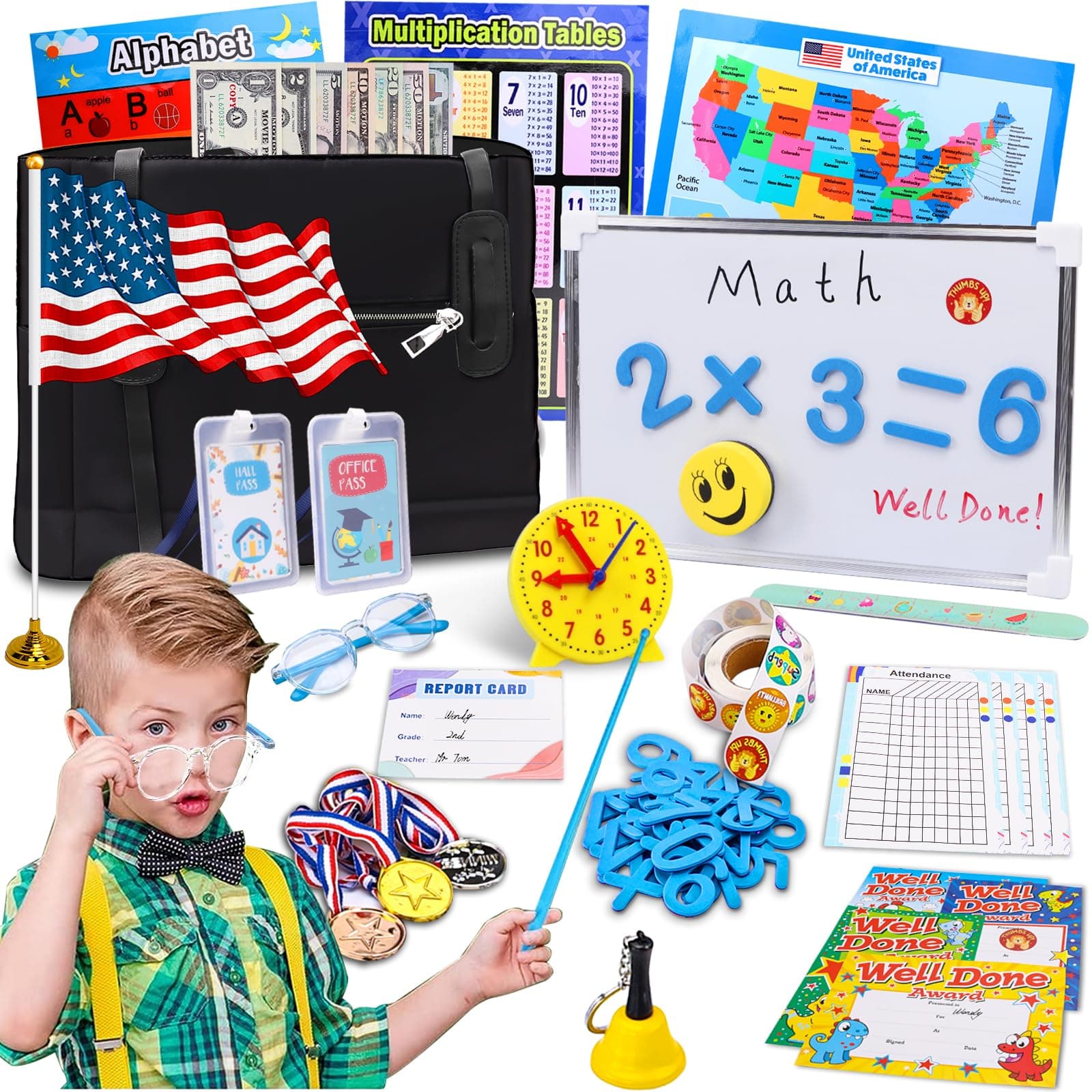 Jevou Pretend Play Teacher Set, Classroom Role-Playing Kit Interactive Play Learning Toys Teacher Gift Ideas for Kids