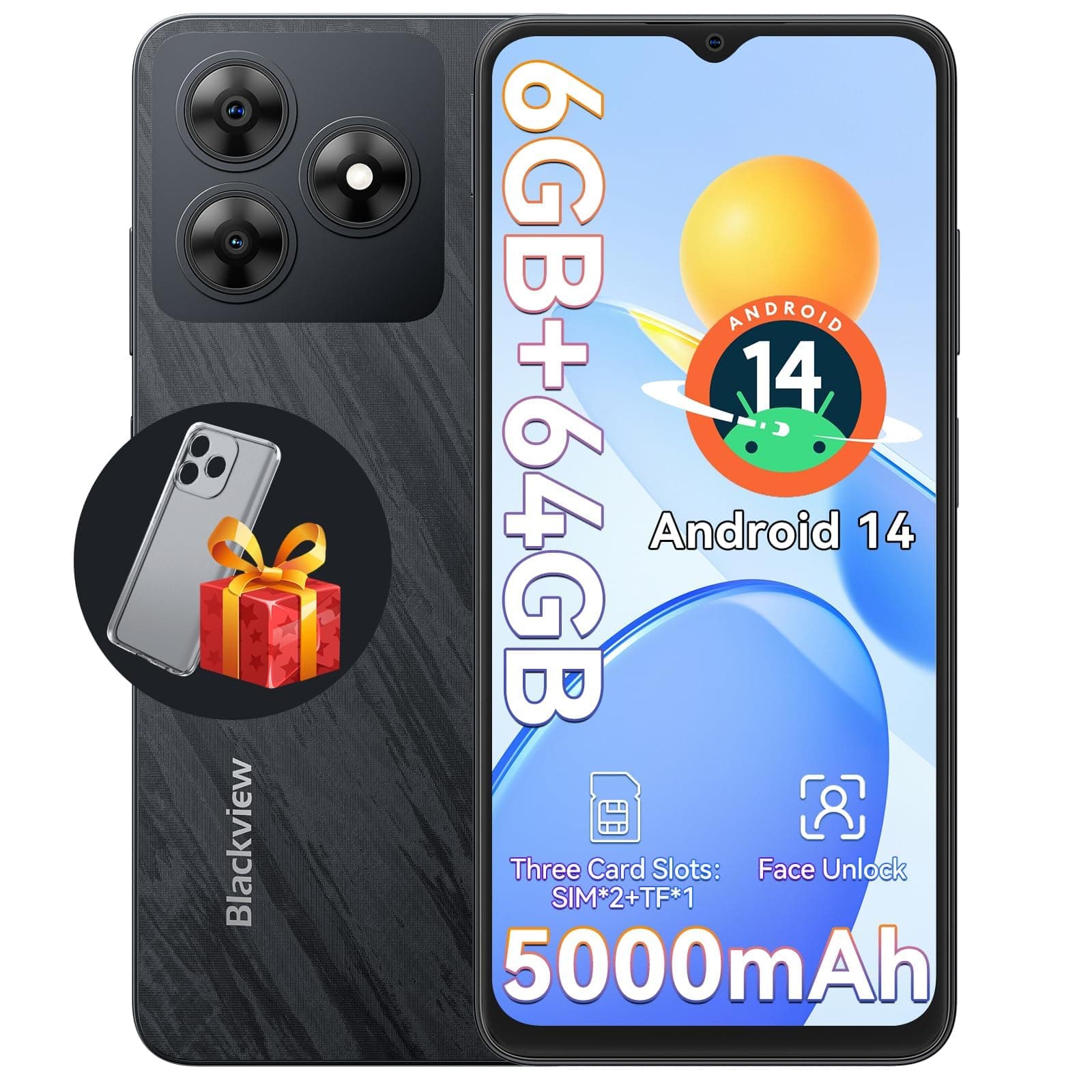 Blackview Wave 8C Mobile Phones, Android 14 Smartphone 2025, Octa-Core 6GB+64GB/SD 2TB, 5000mAh Smart Phone, 6.56" HD, 4G Dual SIM Free Unlocked Phones, 3 Card Slots, 2 Years Warranty, Black