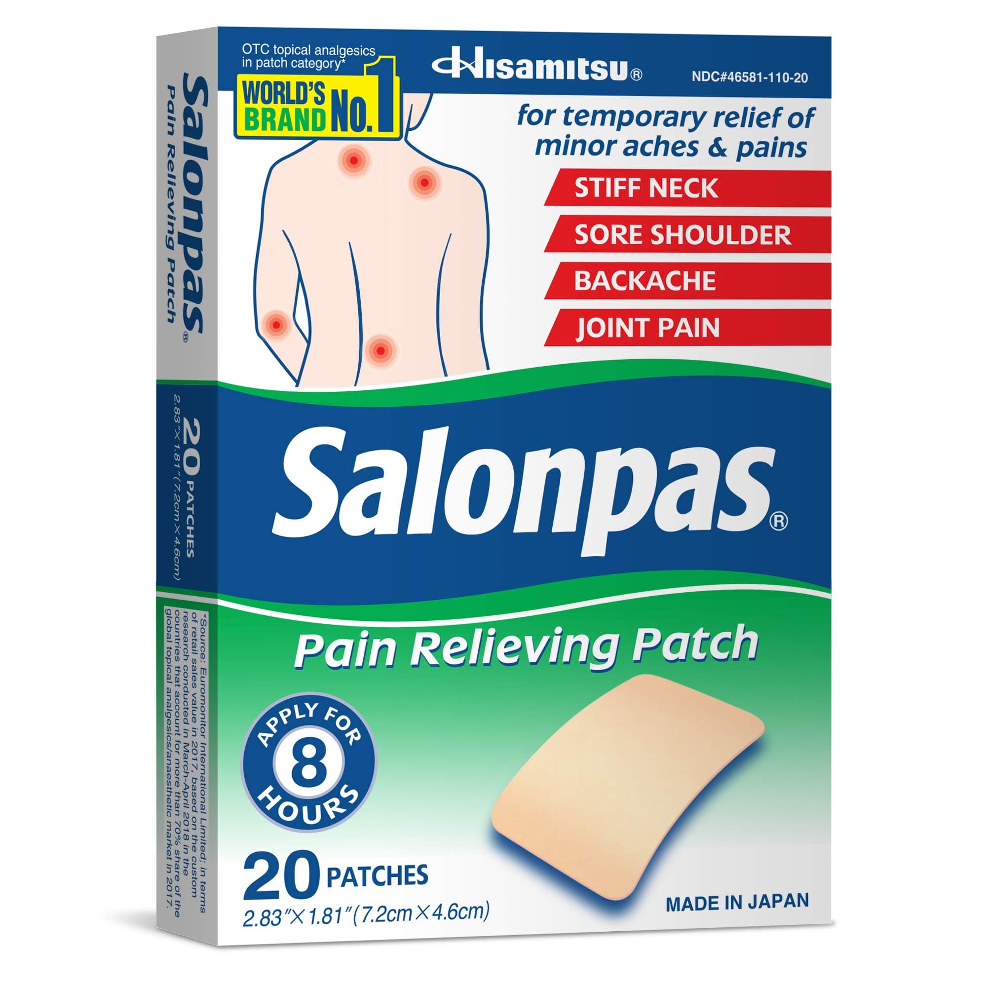 Salonpas Pain Relieving Patch, 20 Count, for Back, Neck, Shoulder, Knee Pain and Muscle Soreness, 8 Hour Pain Relief