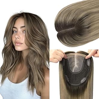 Hair Toppers for Women Real Human Hair, 6x7 inch Larger Silk Base 150 Density 75 grams 16inch Clip In Topper Hair pieces Dark Brown to Dirty Blonde Wiglet Top Pieces Add Volume（#2618 16inch）