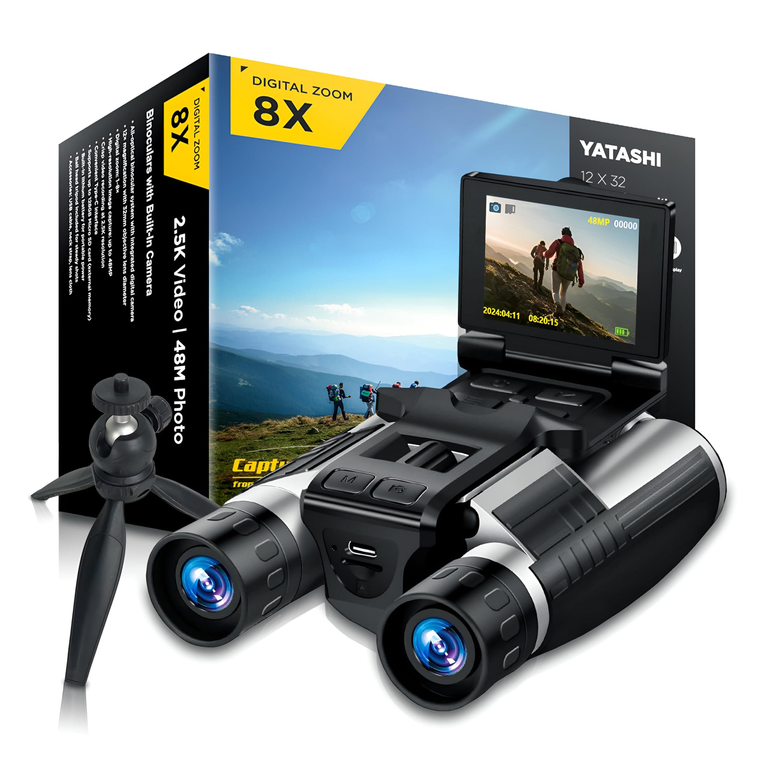 Binoculars with Camera Built in – 12x32 HD Zoom, 2" LCD Display, 48MP Photos & 2.5K Video, Ideal for Bird Watching, Concerts & Outdoor Adventures, Includes 32GB SD Card & Tripod
