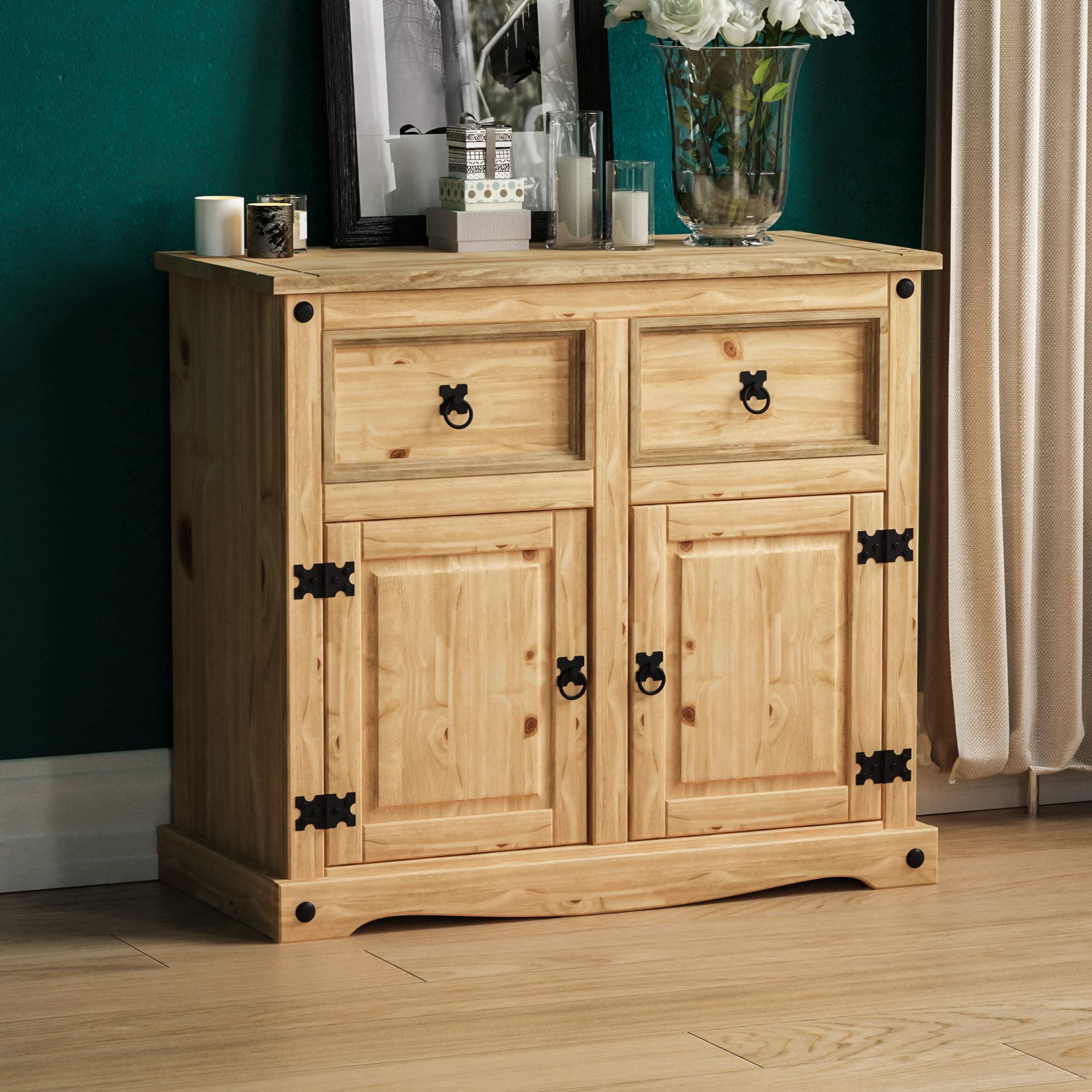 Vida Designs Sideboard, 2 Door 2 Drawer, Solid Waxed Pine Wood Natural, Traditional, Rustic, 76 x 86 x 40