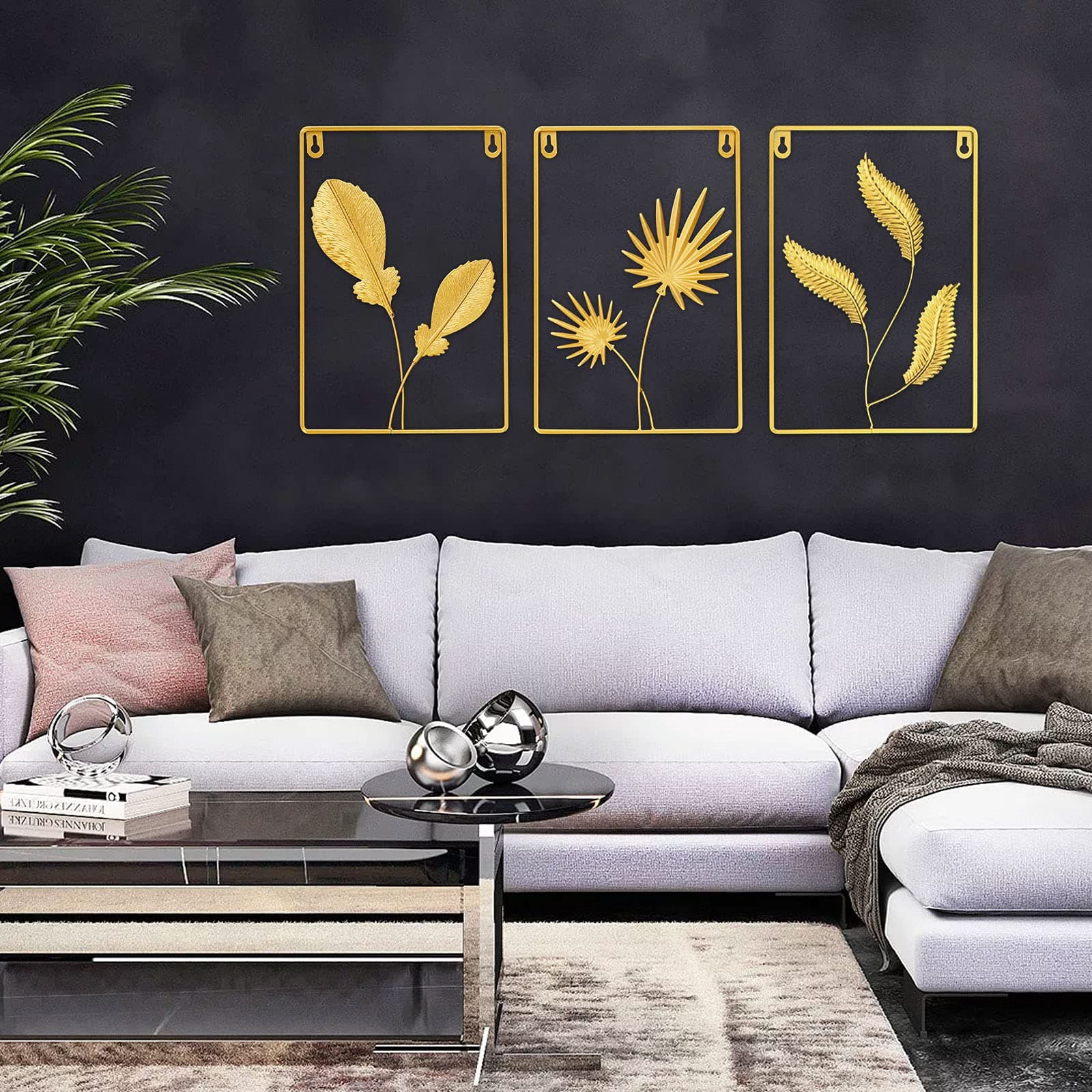 Iron Wall Sculptures, Gold Wall Hanging Decor with Frame, Square Ginkgo Metal Art Gold Leaves Decorative Wall Hanging Ornaments for Home Bedroom Living Room Office Hotel