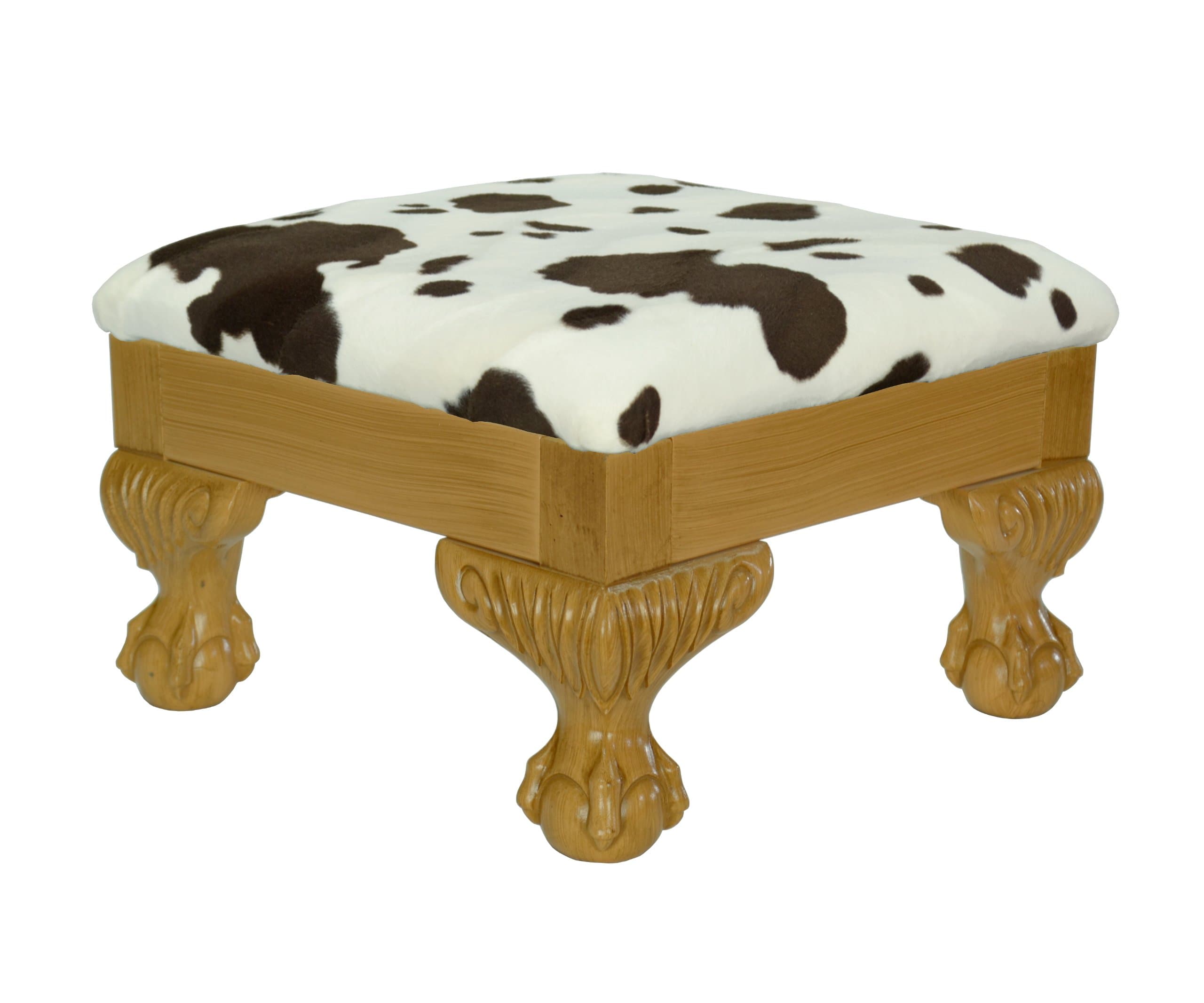 High Street Design Beech Grain effect small Foot Stool with 5" Ball and Claw Legs and Cow Hide Print Fabric Cushion