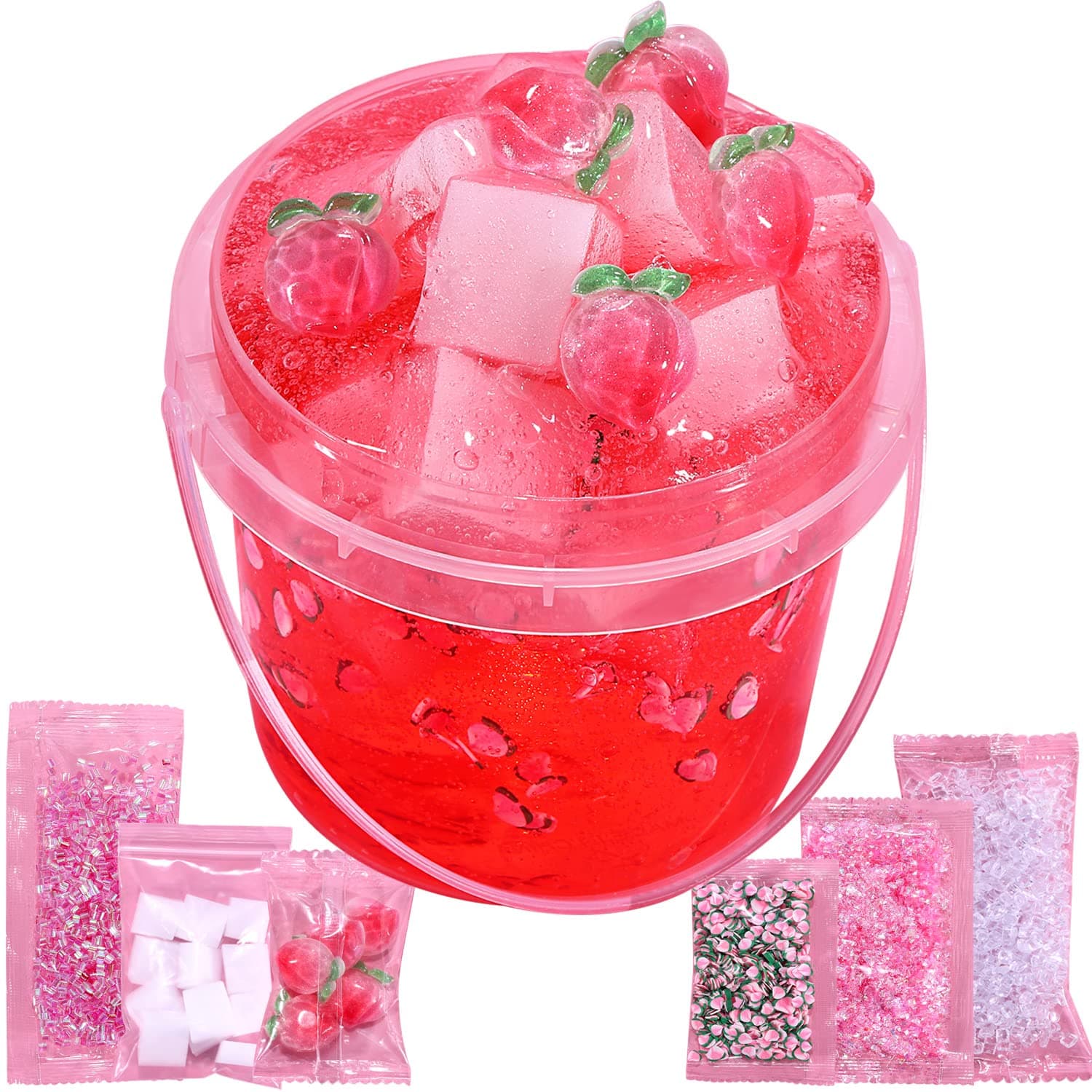 Premade Peach Pink Jelly Cube Glimmer Crunchy Crystal Slime, Includes 6 Sets of Add-ins, Sensory and Tactile Stimulation, Stress Relief, Party Favors for Girls & Boys