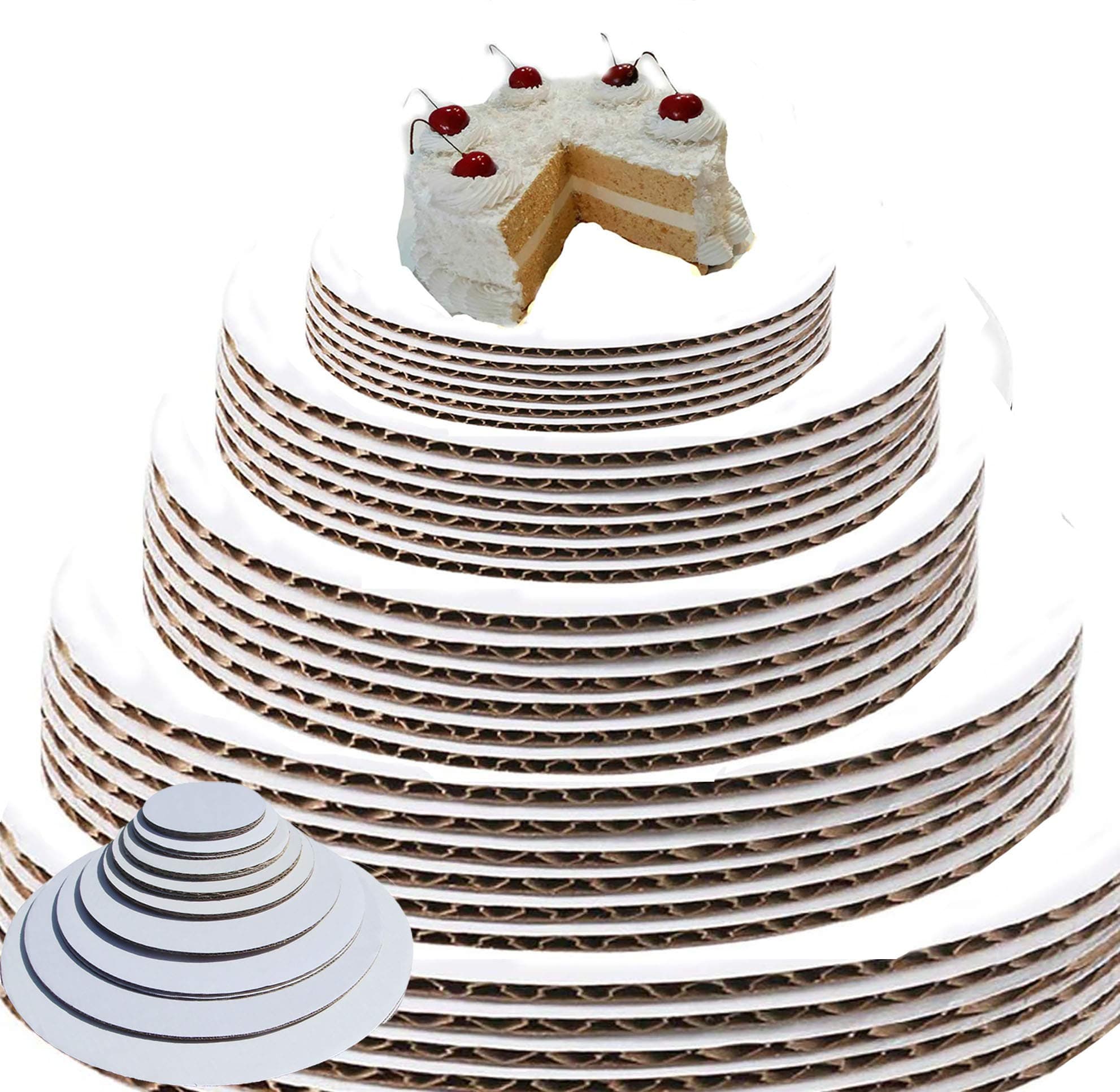 White Cake Circles – 6", 7", 8", 9", 10", 12", 14" Round Cake Boards (4 of Each, 28-Pack) – Heavy Duty, Food Safe Corrugated Cardboard Rounds, Assorted Sizes for Decorating & Display