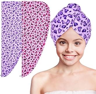 Basumee Microfiber Hair Towel Wrap for Kids 2 Pack Rapid Drying Hair Towel with Button Hair Turbans for Wet Hair Wraps Head Towel Wrap for Women and Girls