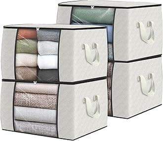 4 Pack Clothes Storage, Foldable Thick Fabric Blanket Storage Bags, Containers for Organizing Bedroom, Closet, Clothing, Comforter,Organization with Handle,Ivory White