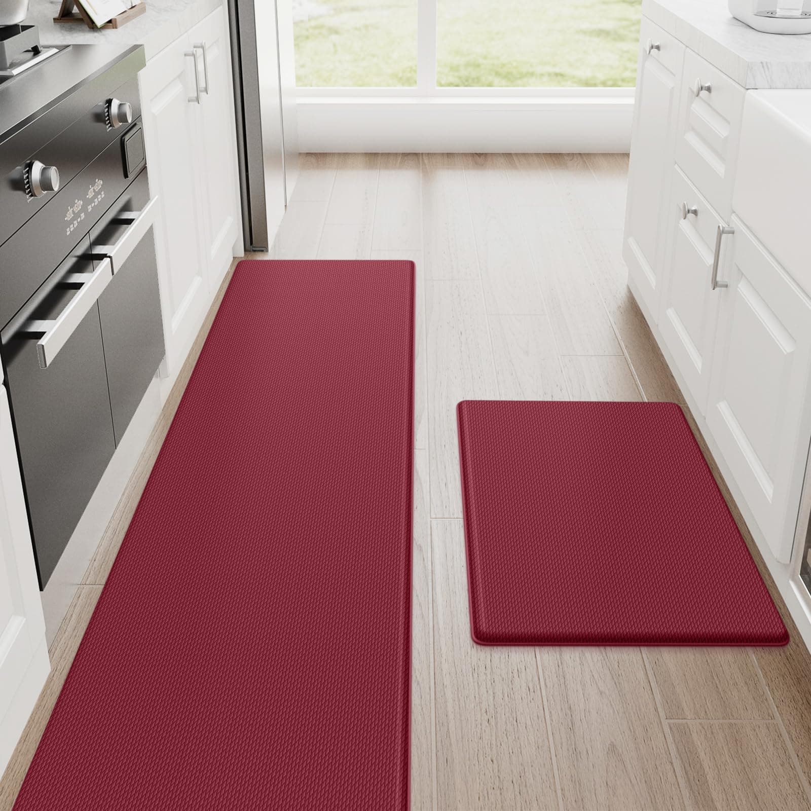 StepRite Kitchen Mats, 2PCS Kitchen Rugs, Cushioned Anti Fatigue Kitchen Mats for Floor, Non-Slip Standing Desk Mat, Waterproof Kitchen Rug Set for Kitchen, Floor, Office, 17.3"x30"+17.3"x70", Red