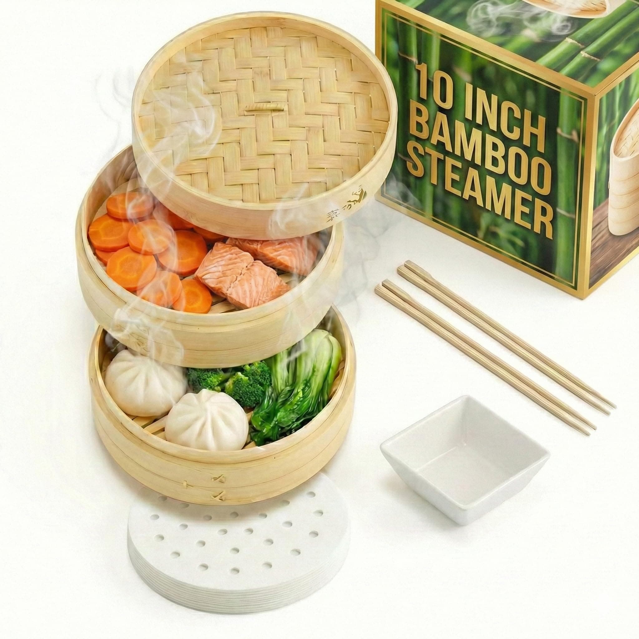 Prime Home Direct Bamboo Steamer Basket 10-Inch | 2-Tier Steamer for Cooking | 50 Liners, Chopsticks, Sauce Dish | Steaming Asian Food, Bao Buns, Chinese, Dim Sum, Dumpling, Rice, Vegetable Steam Pot