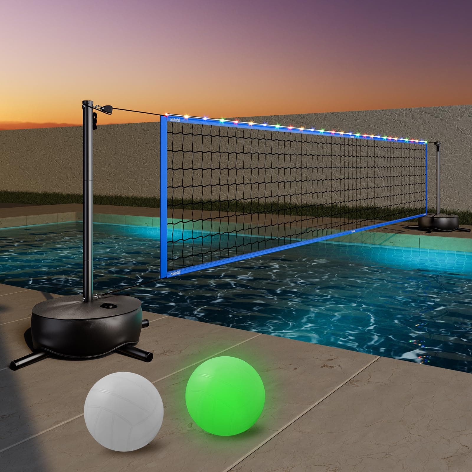 Haokelball Pool Volleyball Net Set - 15ft-32ft Adjustable Poolside Net with 2 Volleyballs, Pump & Carry Bag
