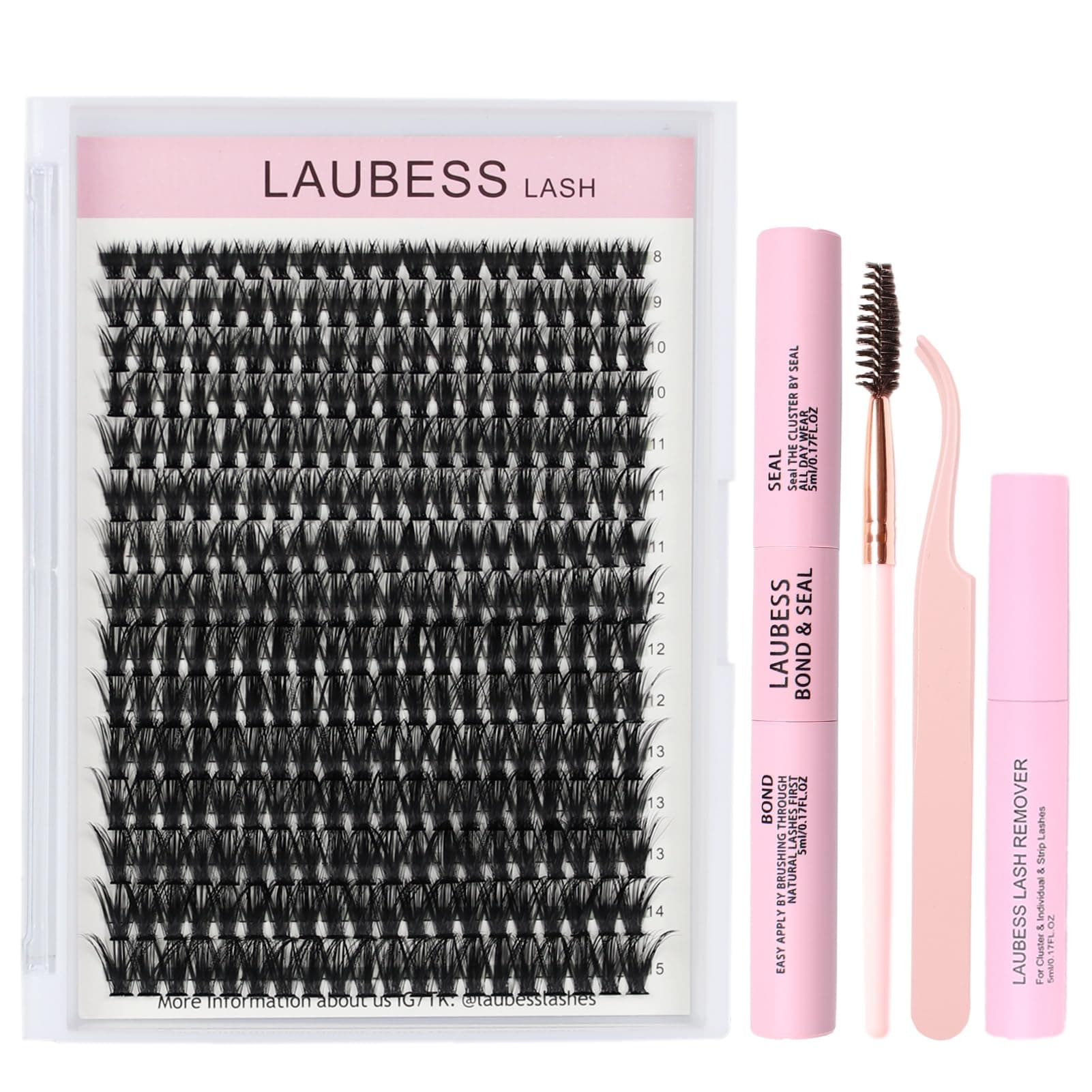 Eyelash Extension Kit 50D 300 Pcs Lash Clusters Kit Lash Bond and Seal Waterproof Lash Tweezers DIY Lash Extension Kit for Beginners Eyelash Glue Remover Lash Brush (Set 50D-0.07D-8-18Mix)