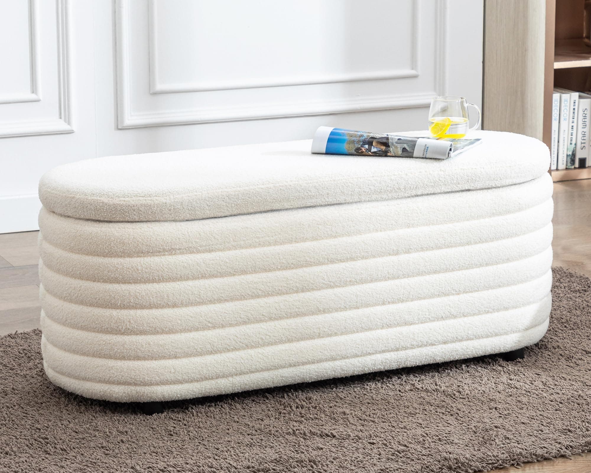 Storage Teddy Ottoman Bench Upholstered Fabric Storage Bench End of Bed Stool with Safety Hinge for Bedroom, Living Room, Entryway, Closet(45.5", White)