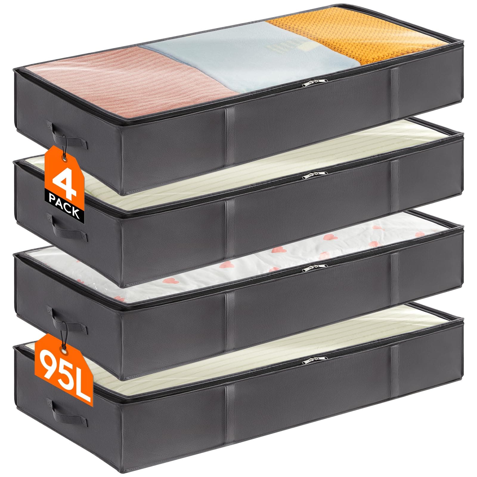 4 Pack 95L Under Bed Storage, Underbed Storage Boxes with lid Clothes Storage Bag Wardrobe Storage Organiser with Reinforced Handle, PVC Window for Duvet, Blanket, Clothing, Shoes, Grey