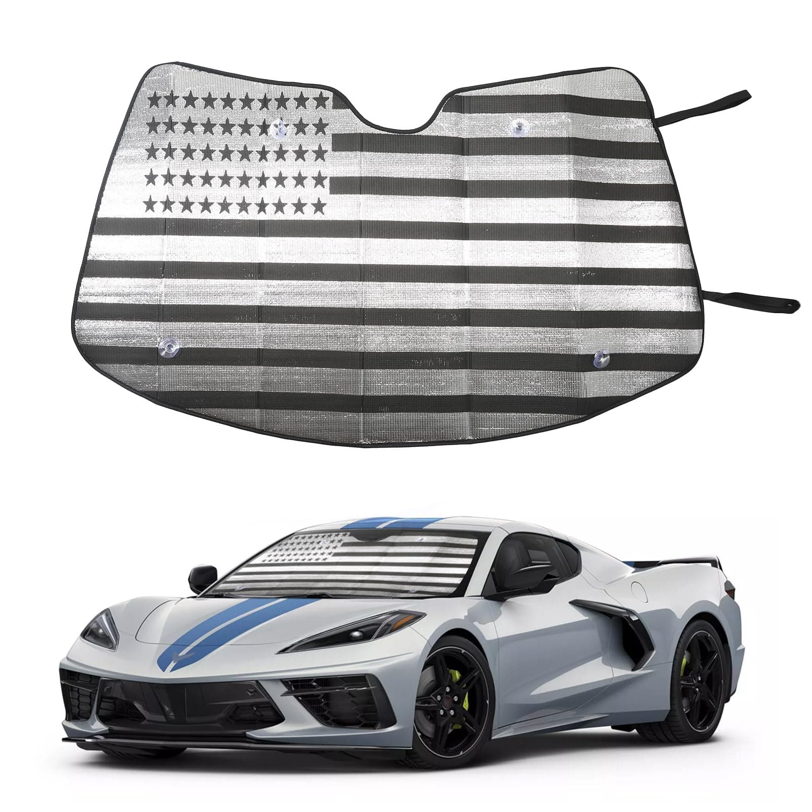 Car Front Windshield US Flag Sunshade for Corvette C8 2022-2023, Front Window Sun Shade, Foldable Reflective Sun Visor, Screen Shield Cover UV Blocker Protector HeatShield