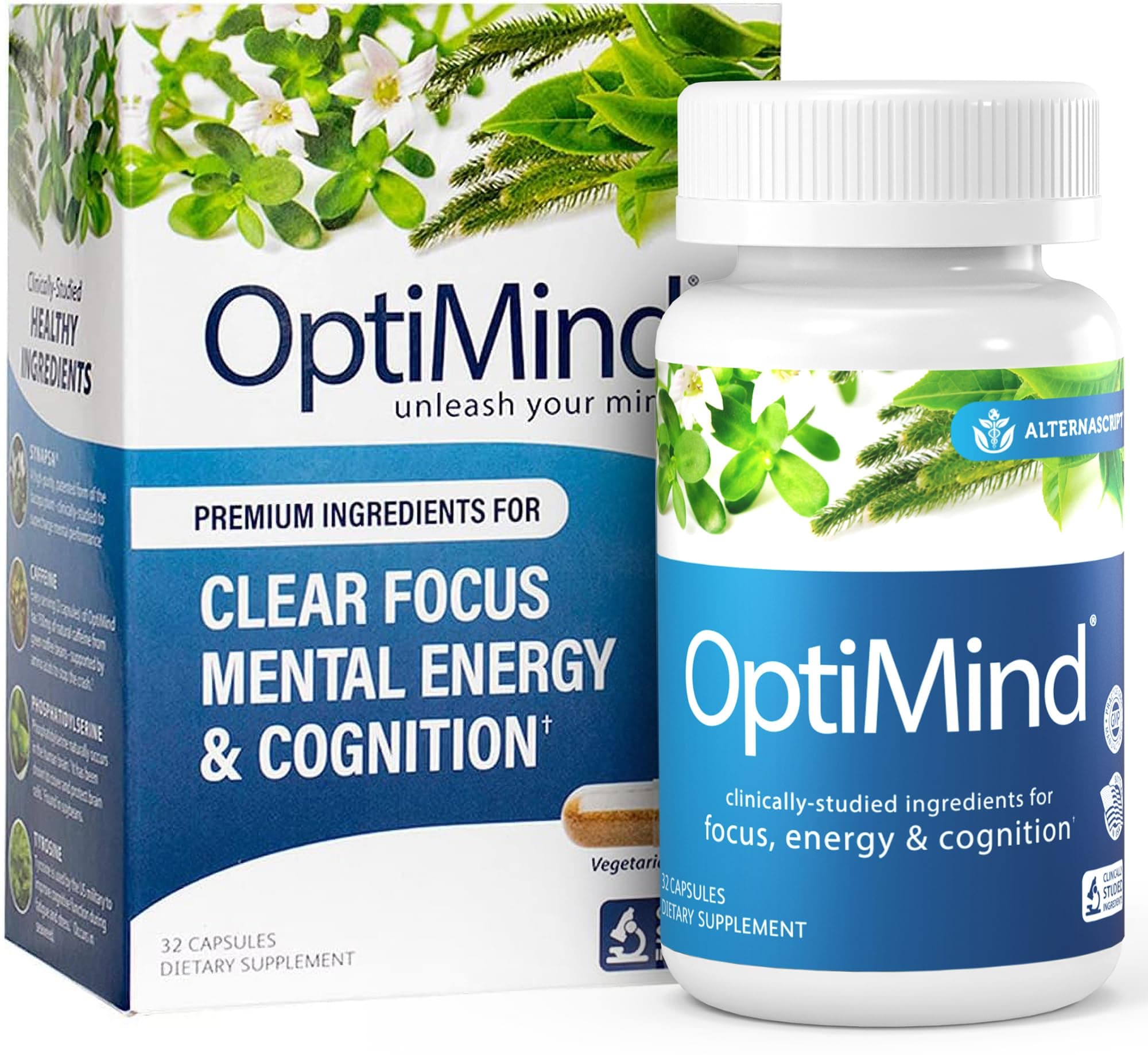 Optimind Brain Supplement for Memory and Focus, Nootropic with Synapsa®, Phosphatidylserine, Vitamin B1 B12, Non-GMO, Mental Clarity, Cognitive Support, Clinically Studied Ingredients, 32 Capsules