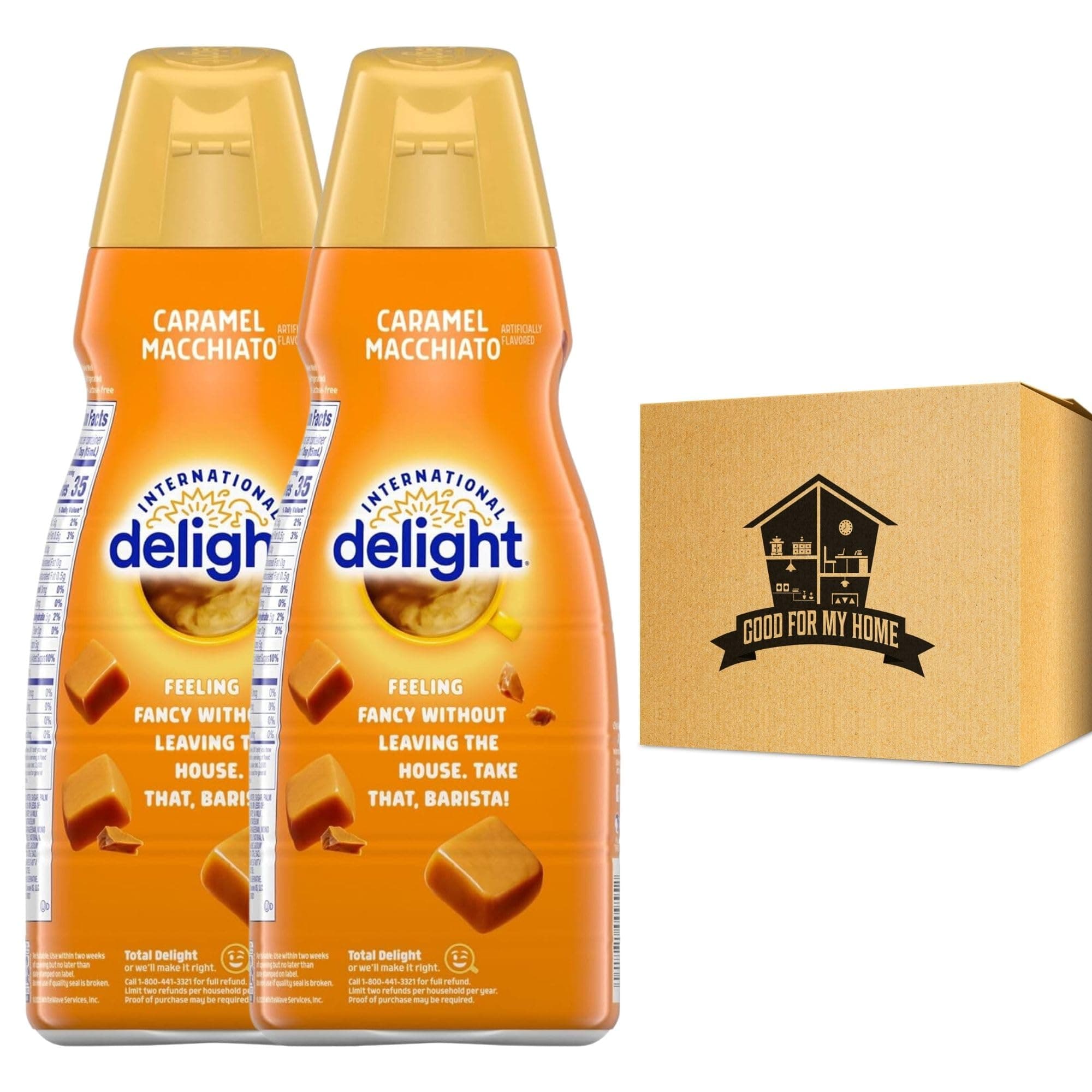 Liquid Coffee Creamer Bundle. Includes Two 32 Oz each Bottle of International Delayt's Caramel Macchiato Creamer. For Hot or Iced Coffee Creamer Liquid. Comes with a Good For My Home Box!