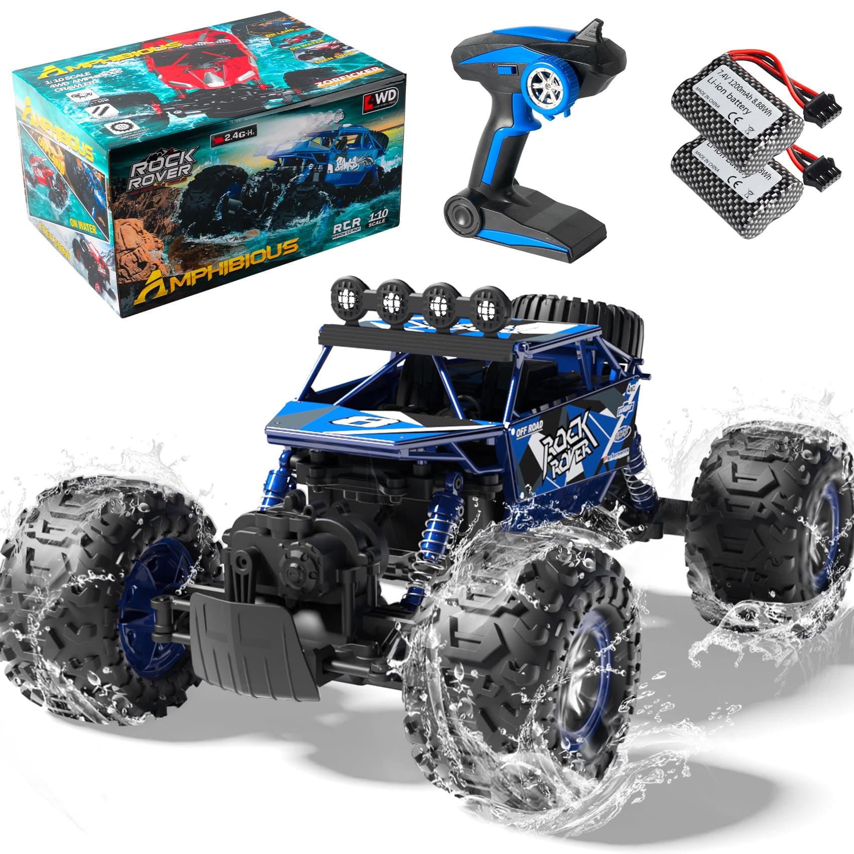 BananMelonBM 1:10 Scale Remote Control Car, 48+ KM/H High Speed Amphibious RC Monster Truck, 4WD Waterproof Off RC Road Car, 2 Batteries 80Mins Play, Toy Gift for Adults Kids Boys Girls