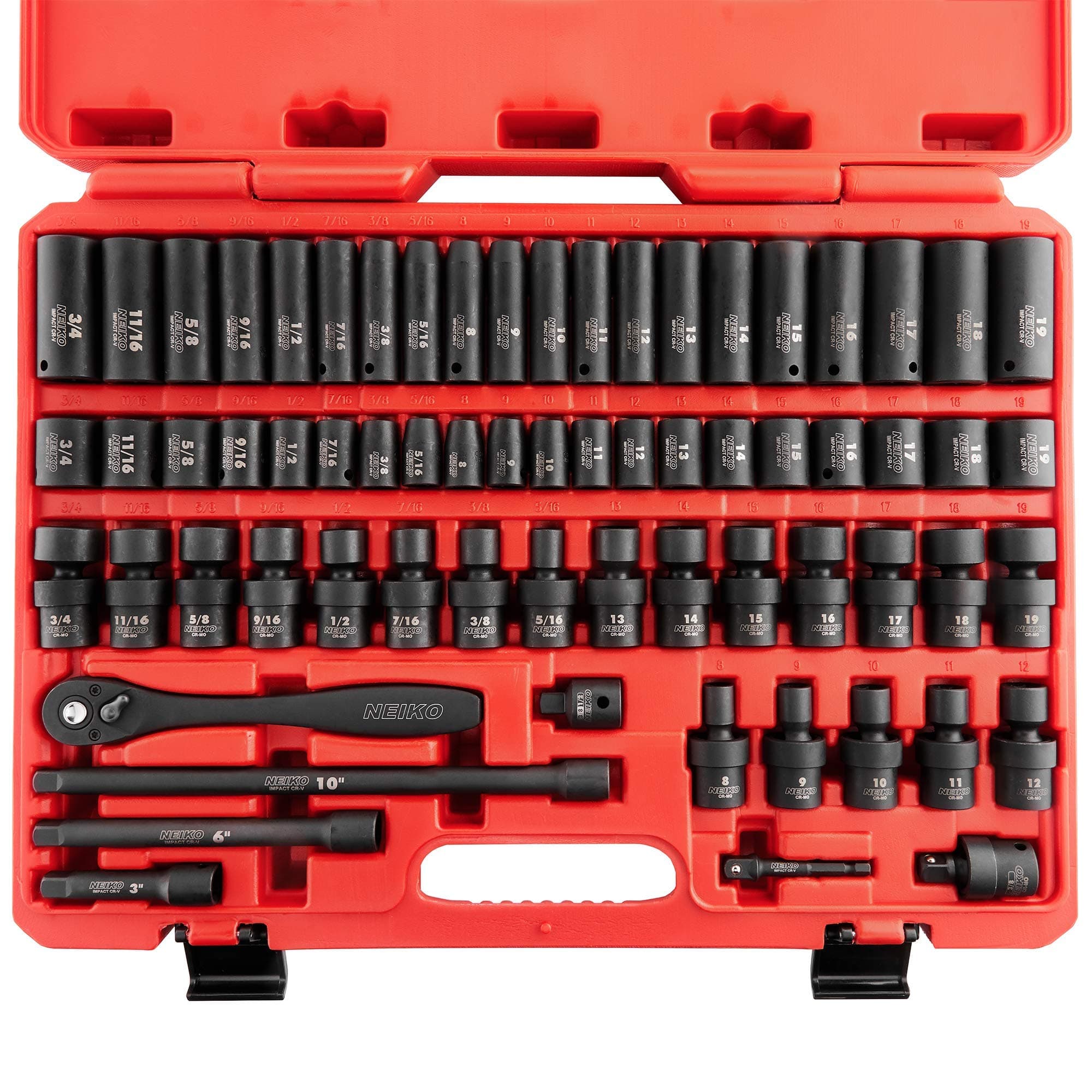 02471A Impact Socket Set, 3/8” Drive, 67 Piece, Metric and Standard Master Socket Set with Shallow & Deep Sockets, Ratchet, Swivel Sockets, Extension Bars, Adapters, Cr-V & Cr-Mo