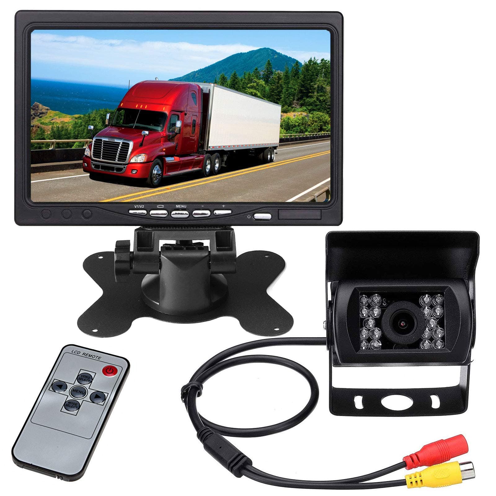 12V-24V Vehicle Backup Camera System, 7" TFT LCD HD Color Car Monitor + Waterproof 18LEDs Night Vision Reversing Reverse Rear View Camera for RV Truck Van Trailer Bus