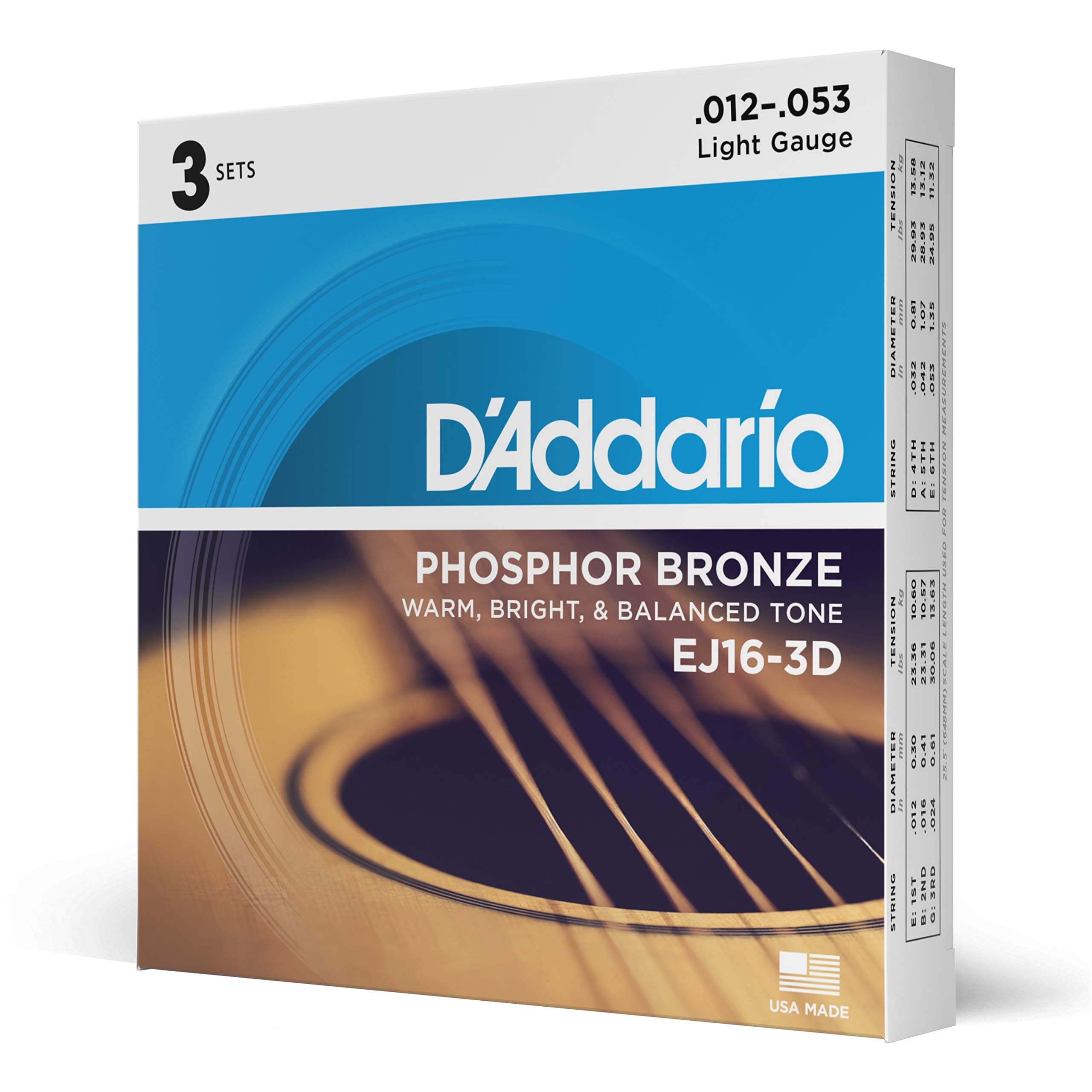 Guitar Strings - Phosphor Bronze Acoustic Guitar Strings - EJ16-3D - Rich, Full Tonal Spectrum - For 6 String Guitars - 12-53 Light, 3-Pack