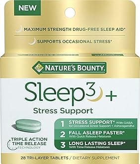 Stress Support Melatonin by Nature's Bounty, Sleep3 Maximum Strength 100% Drug Free Sleep Aid, Dietary Supplement with Ashwagandha, Time Release Technology, 10mg, 28 Tri-Layered Tablets