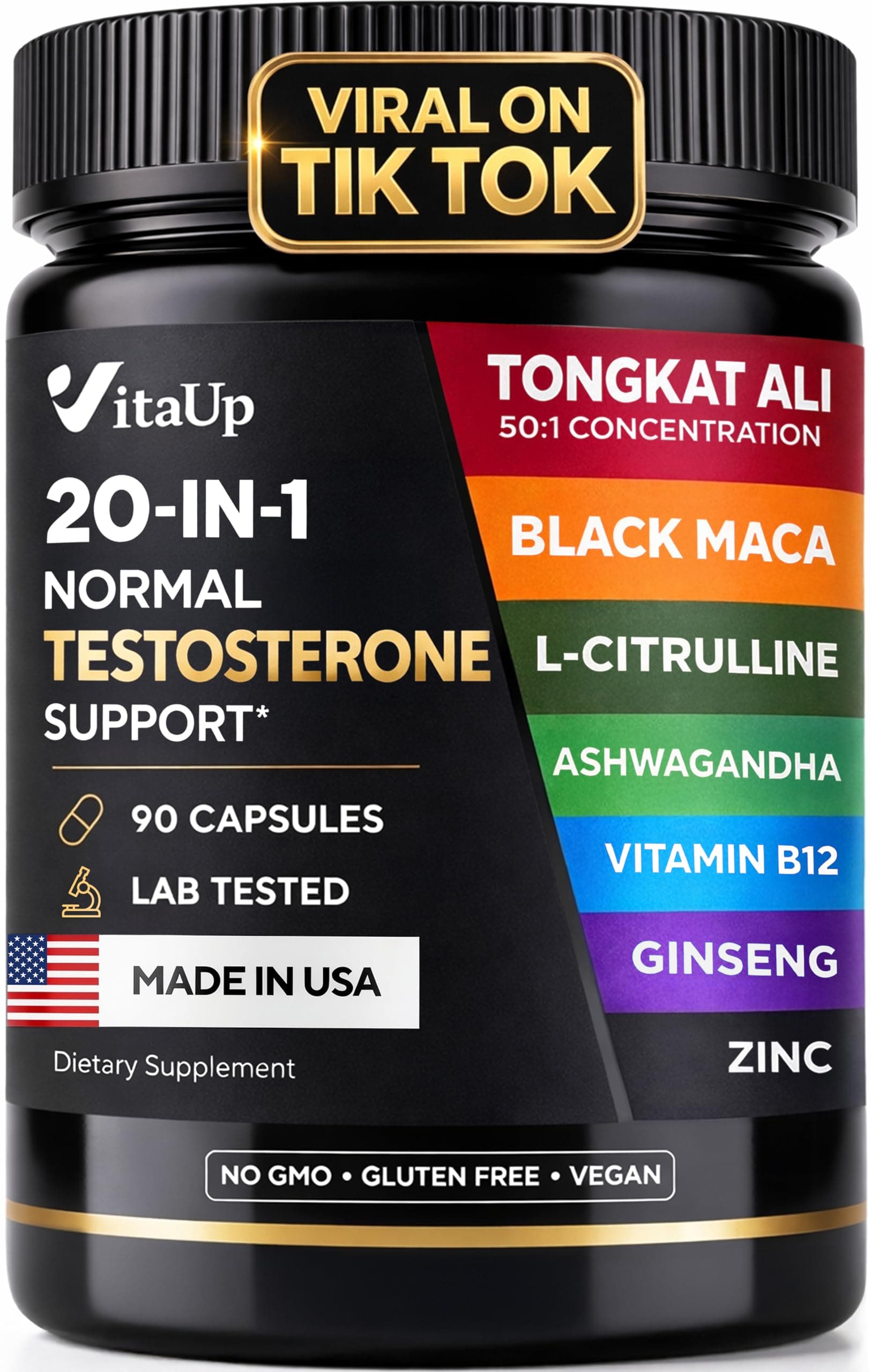 Normal Testosterone Supplement for Men - USA Made Normal Testosterone Support with Tongkat Ali, Black Maca Root, Zinc, Vitamin B12, Ashwagandha - 20 in 1 Advanced Complex - 90 Vegan Caps