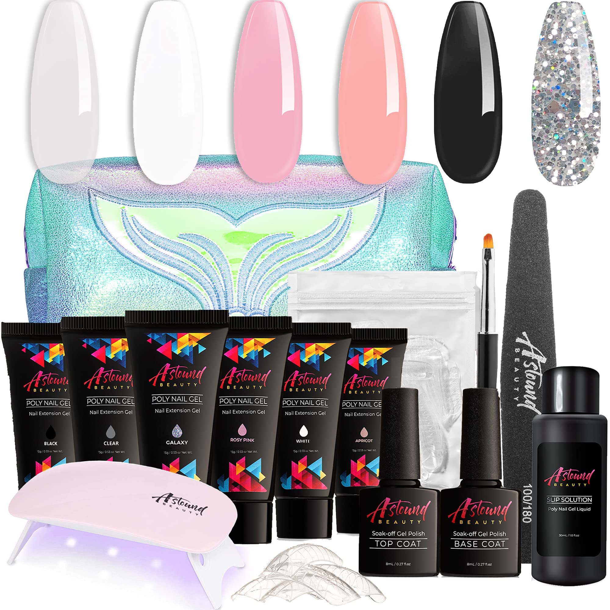 Poly Nail Gel Kit with UV Lamp, Slip Solution, Glitter, Clear, Black, White - Poly Nail Gel All-in-One Manicure Kit