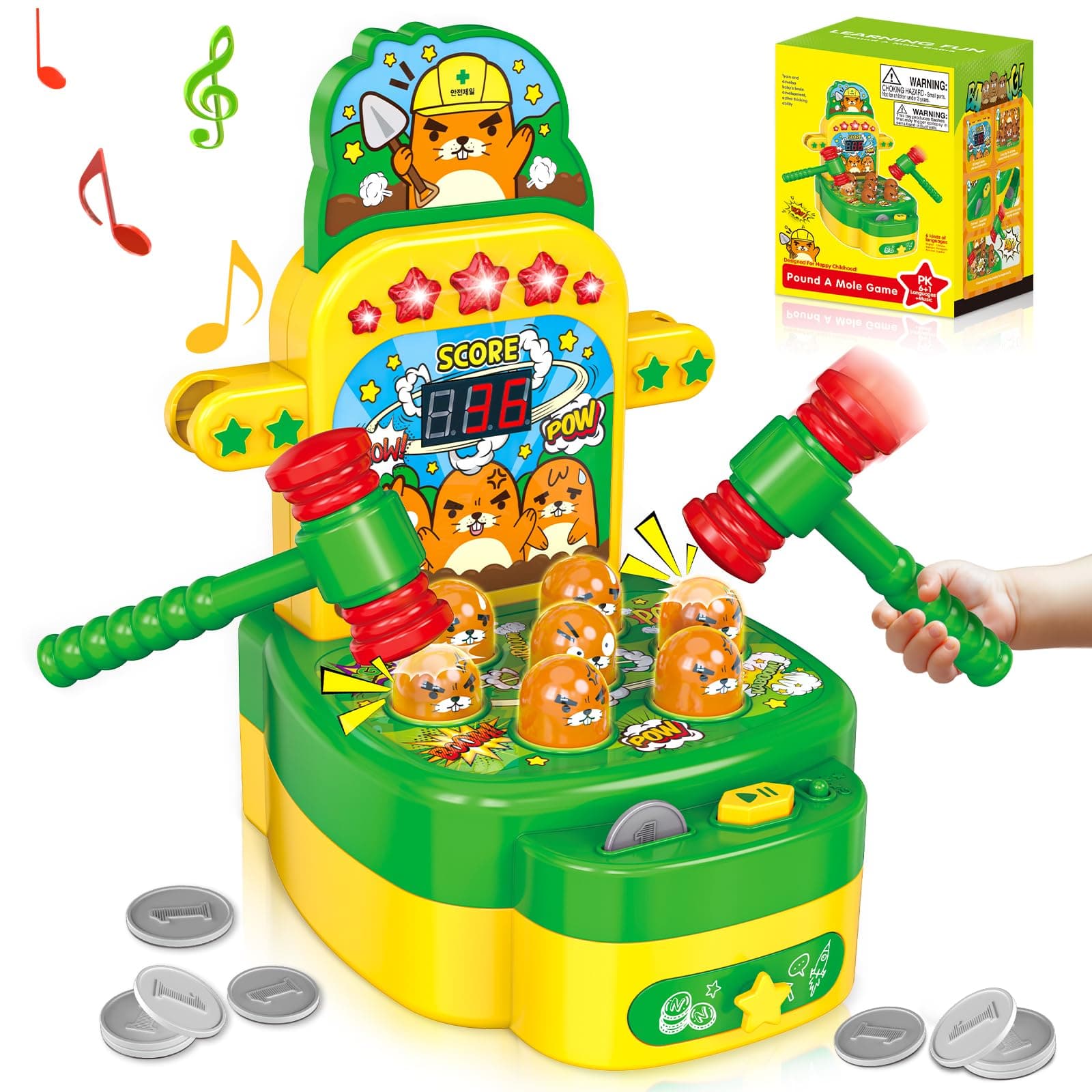 Whack A Mole Game with 2 Hammers Toy, Whack Game Toy with Mole for 3 4 5 6 7 8 Years Old Boys Girls, Interactive Educational Toys with Sound and Light