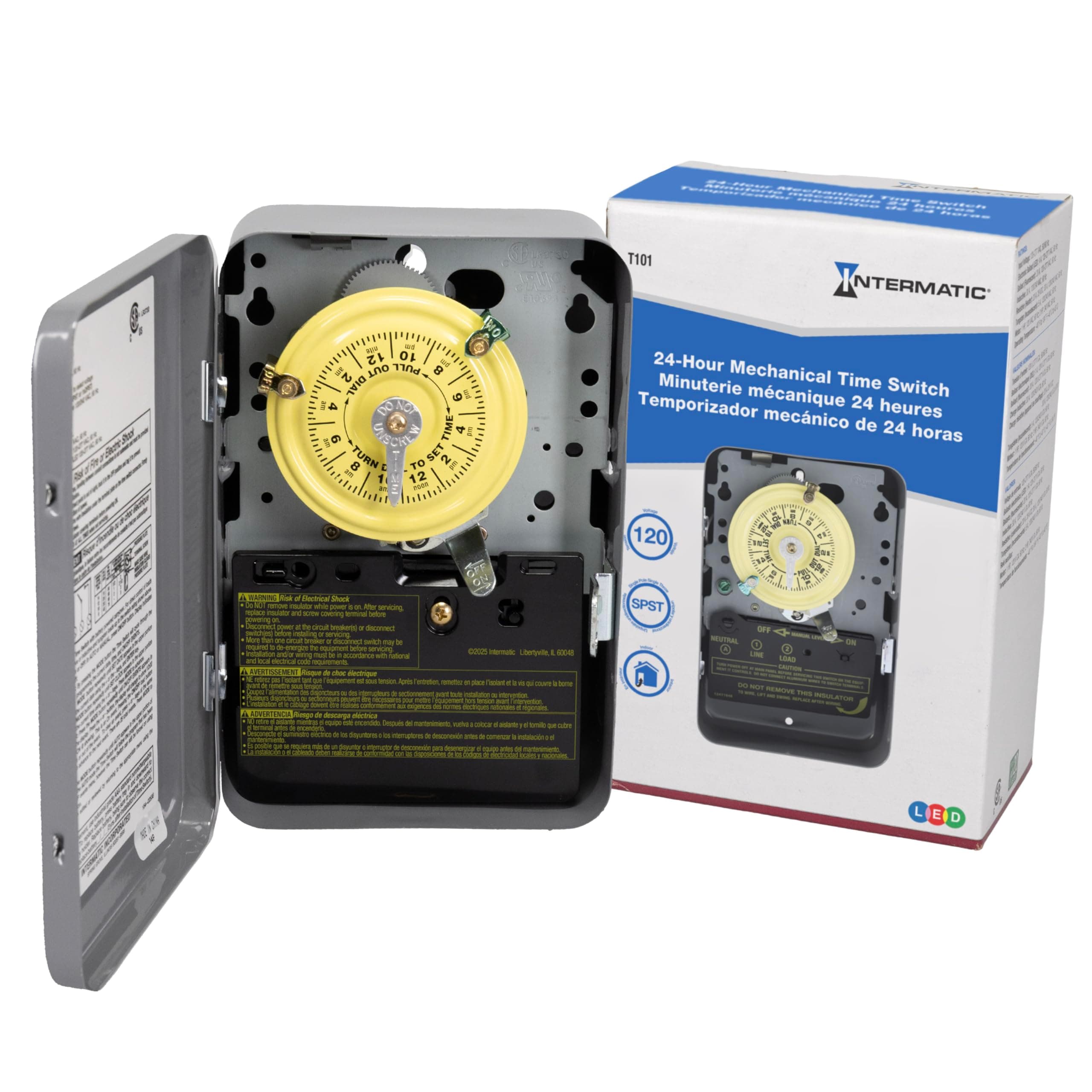T101 24-Hour Mechanical Timer Switch - 120V SPST, Indoor Metal Enclosure, Heavy Duty, Manual Override, 40 Amp - Ideal for Lights, Pumps, Fans, and HVAC Systems