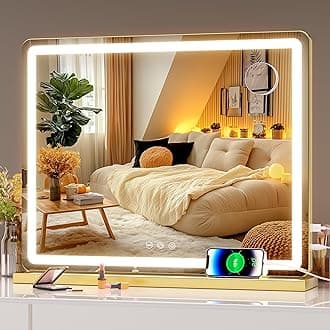 Hasipu Vanity Mirror with Lights, 22.8" x 18" LED Makeup Mirror, Lighted Makeup Mirror with Dimmable 3 Modes, Touch Screen Control Vanity Mirror Round Gold
