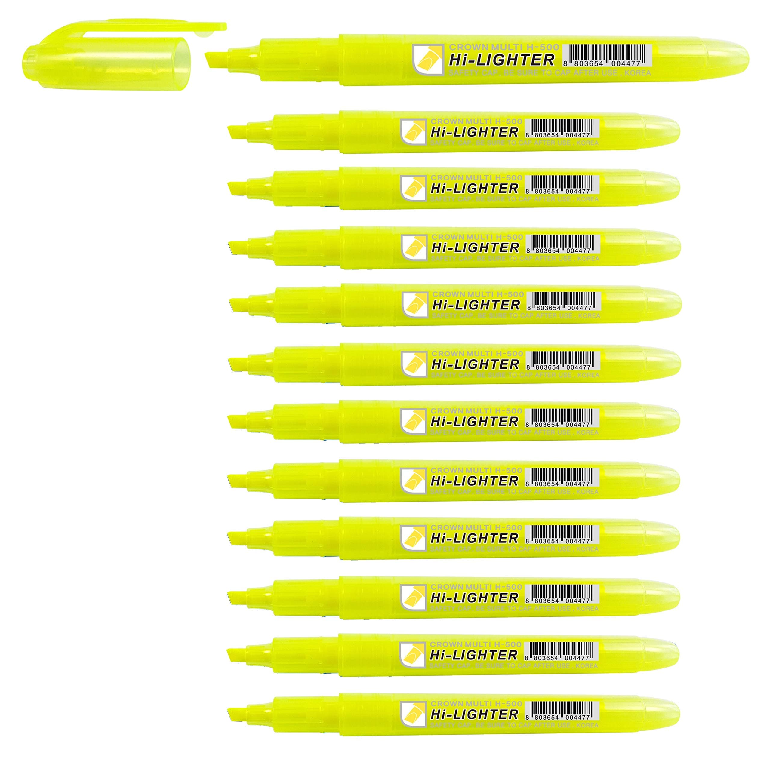CROWN H-500 Highlighter Pens Chisel Tip Slim Highlighters - Pack Of 12 - With Bright Fluorescent Ink - Yellow
