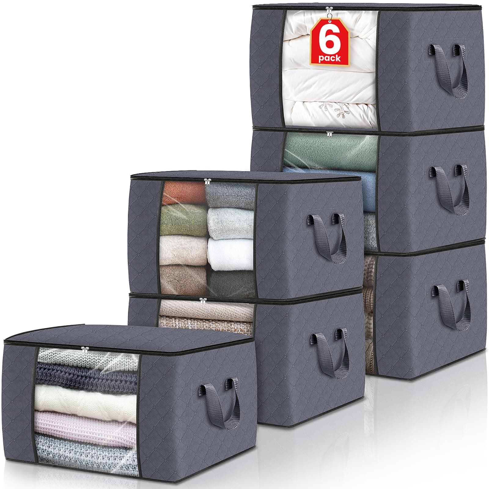 Fab totes 6 Pack Clothes Storage, Foldable Blanket Storage Bags, Storage Containers for Organizing Bedroom, Closet, Clothing, Comforter, Organization and Storage with Lids and Handle, Grey