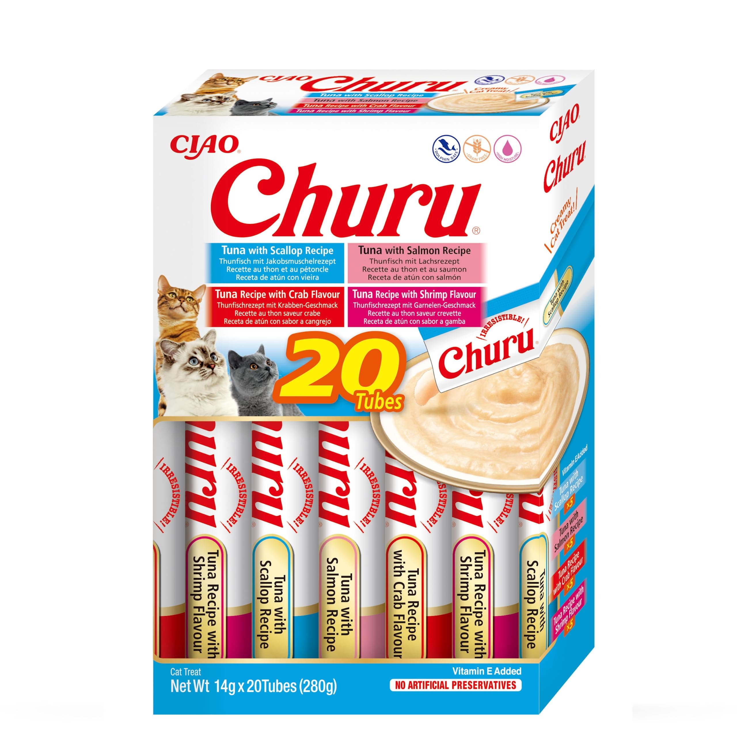 INABA Churu mashed multipack – cat treat for hand feeding. Total 20 tubes: 5 x tuna, 5 x tuna with chicken, 5 x tuna with scallops and 5 tuna with cheese