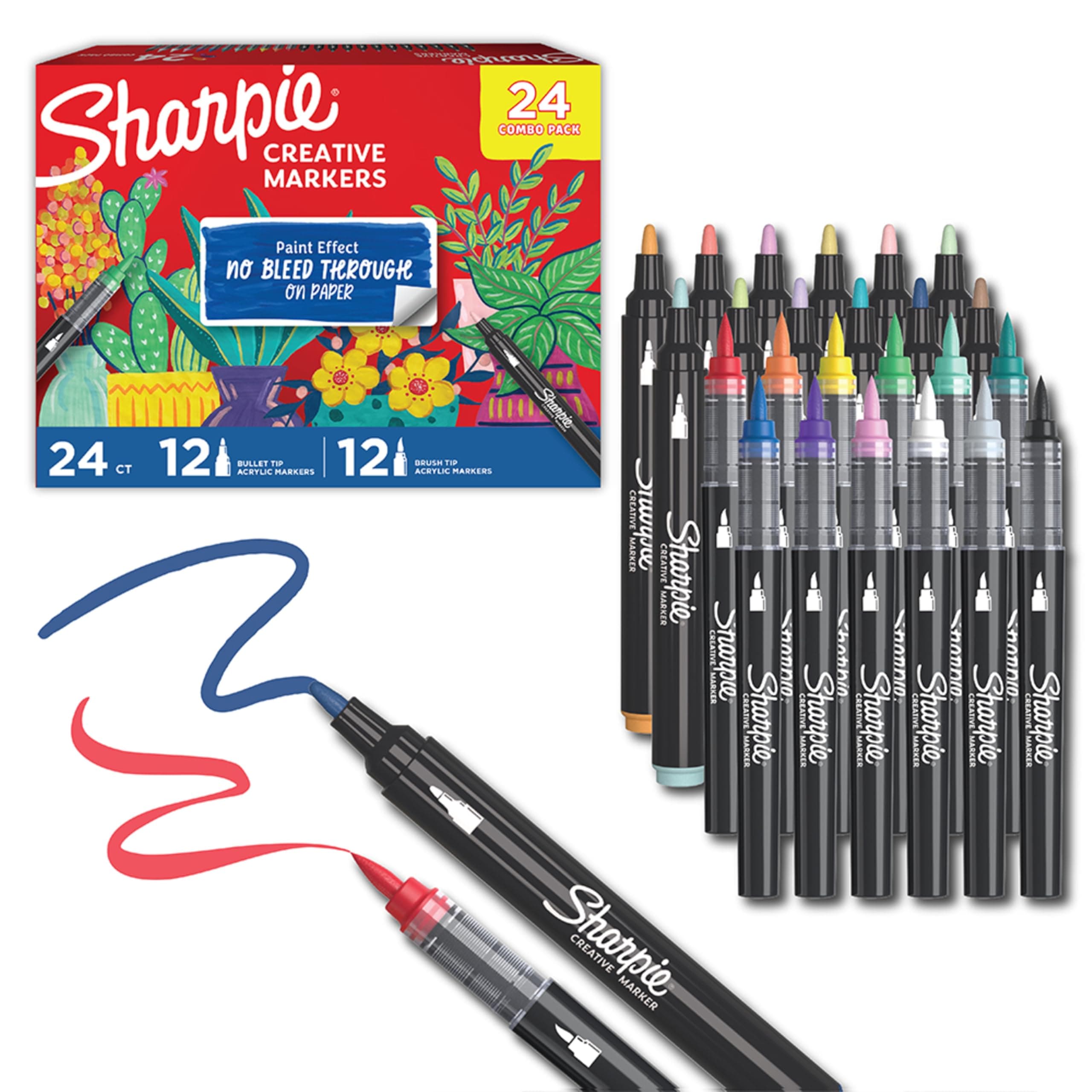 Sharpie Creative Markers, Combo Pack, Water-Based Acrylic, Bullet & Brush Tips, Assorted Colors Including Earth Tones, 24 Count - Works on Paper, Metal, Wood, Ceramic, Glass, Rock, Canvas