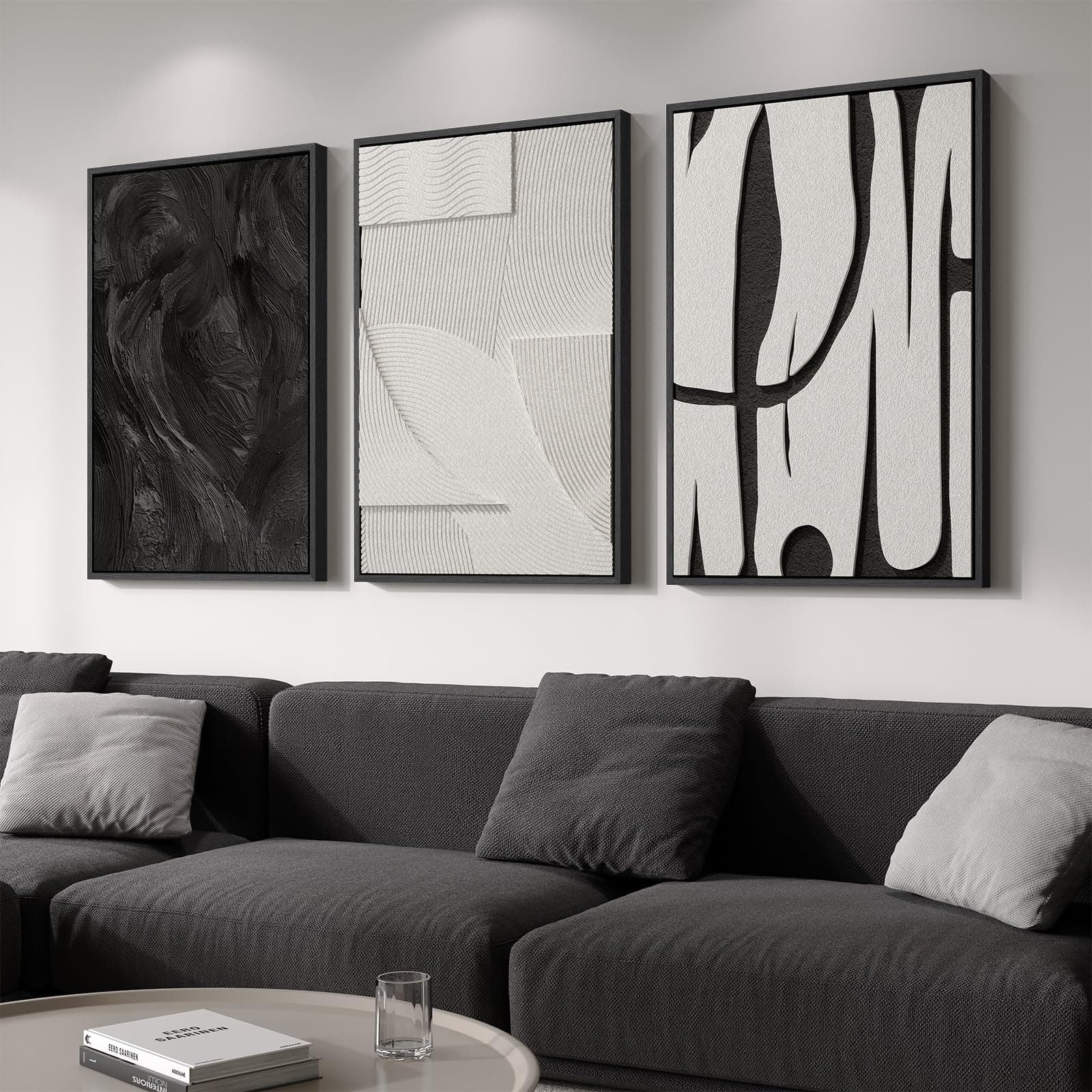 Large 3D Textured Framed Black and White Abstract Wall Art for Living Room, 3 Piece Modern Artwork for Walls, Minimalist Black White Texture Paintings for Hallway Office Wall Decor 24x36 In
