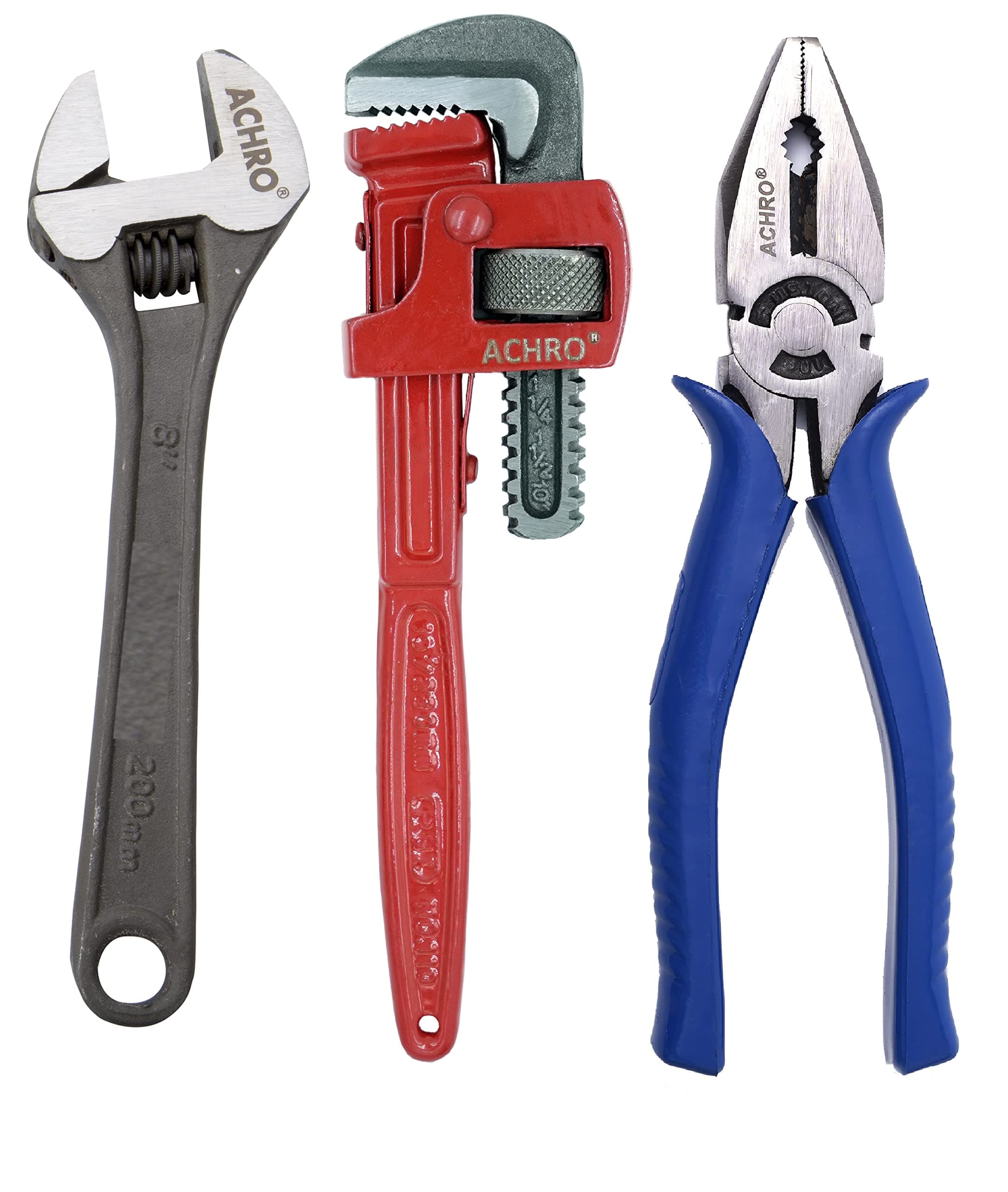 ACHRO AMBIKA/RUSTON Combo Pack of 3 Tool Kits Set for Home (8 Inch Adjustable Spanner, 8 Inch Combination Plier, 10 Inch Pipe Wrench)