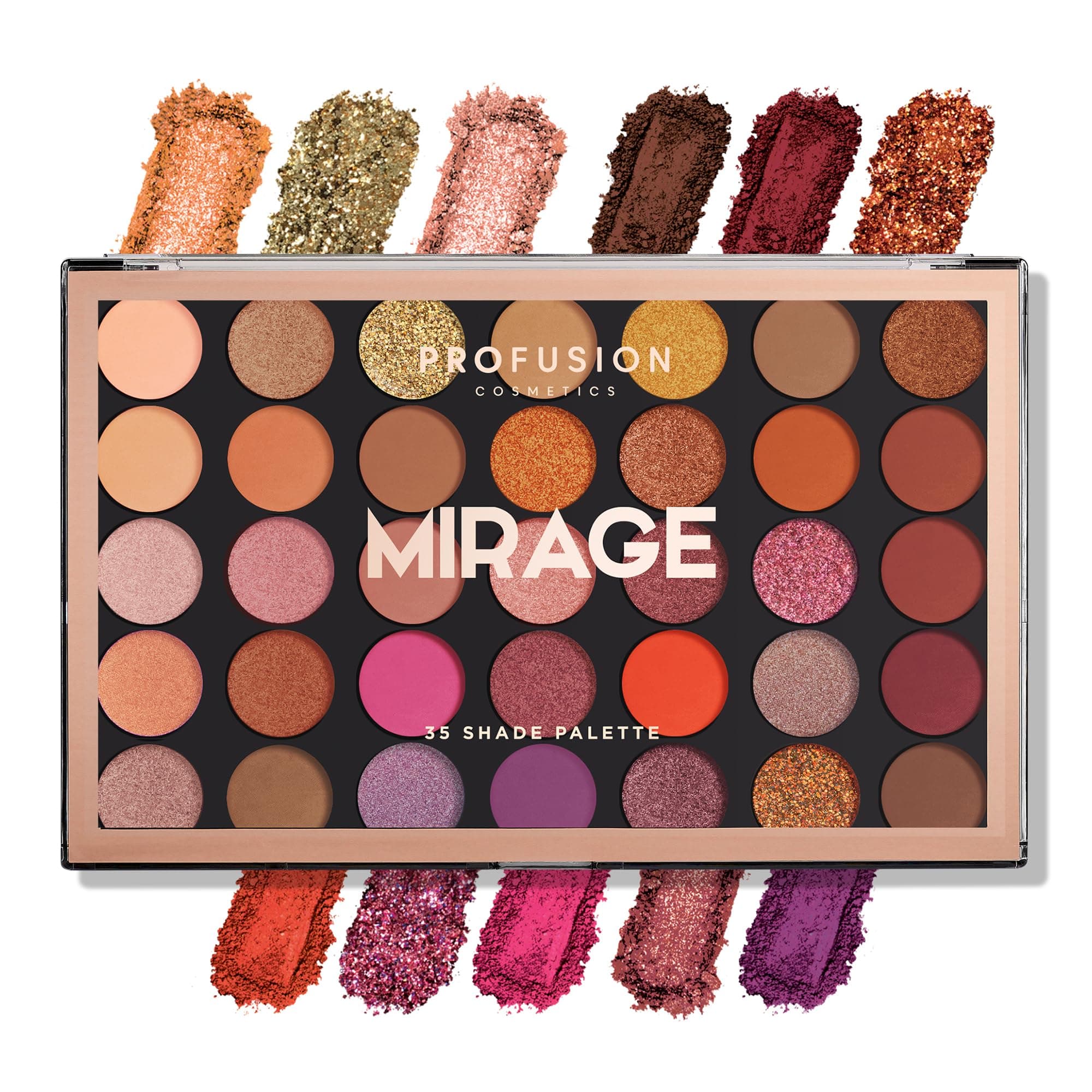 Mirage 35 Shade Master Eyeshadow Palette (multi-finish neutrals, warm browns, array of amber and maroon hues)