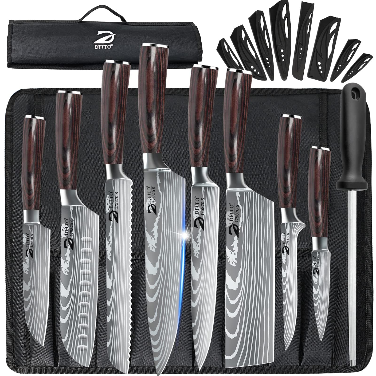 Chef Knife Sets with Roll Bag, 9 Pieces Professional Knife Set, High Carbon Stainless Steel Kitchen Chef Knife Set, Red Pakkawood Handle, Dishwasher Safe