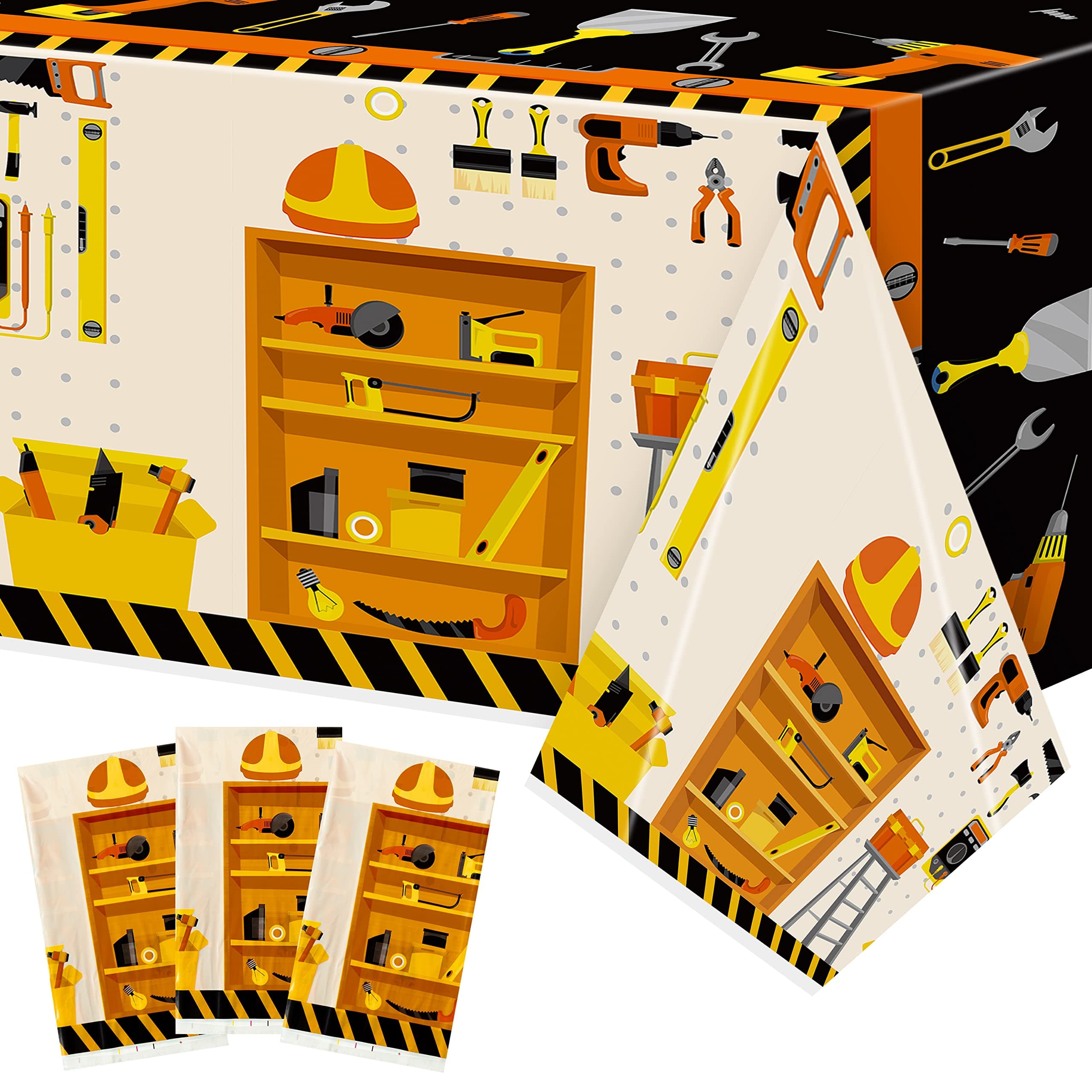 3 Packs Tool Theme Plastic Tablecloths Decoration Waterproof Rectangle Cute Tool TableCover Design with Hard Hat, Nuts, Bolts, Ladders, Spade Patterns for Kids Boys Birthday Party Supplies